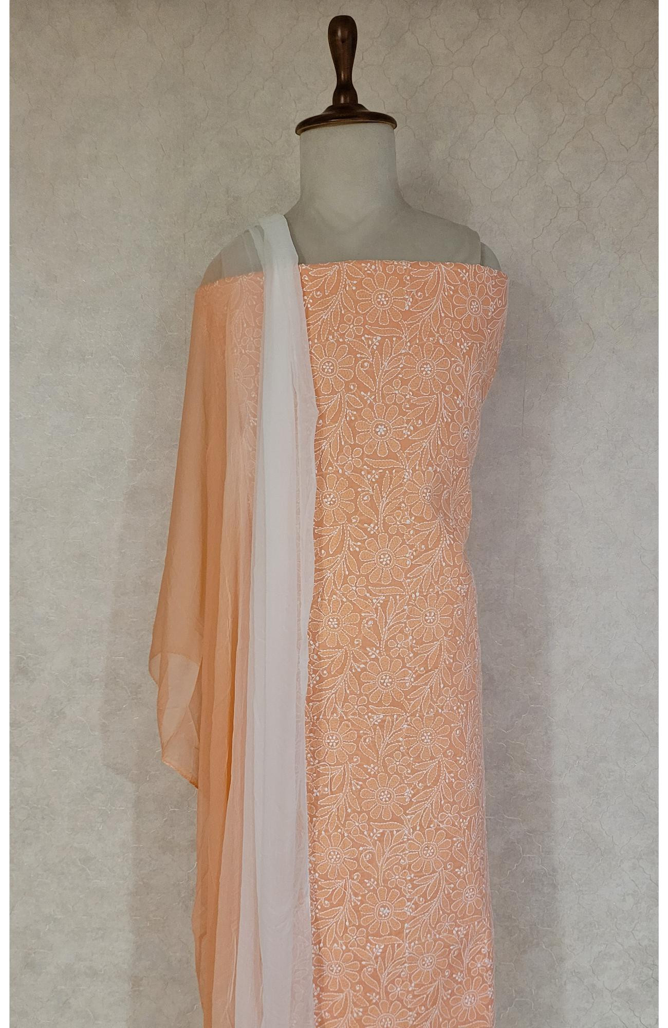 Light Orange Cotton Chikankari Suit Length