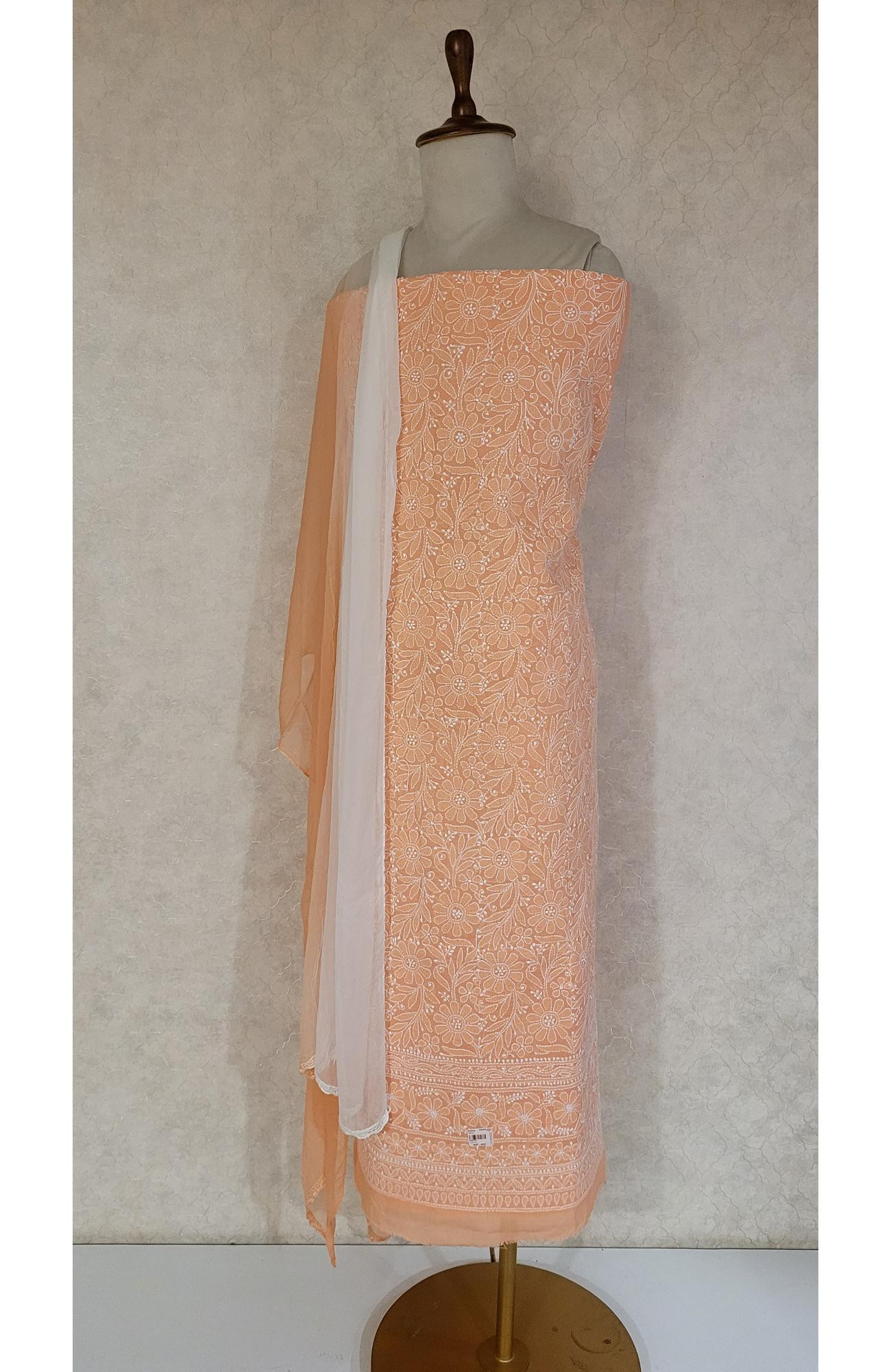 Light Orange Cotton Chikankari Suit Length