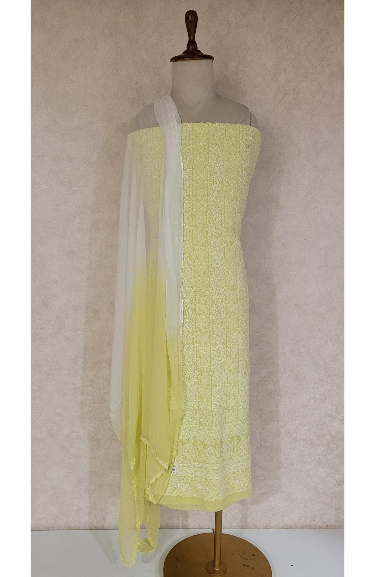 Yellow Cotton Chikankari Suit Length