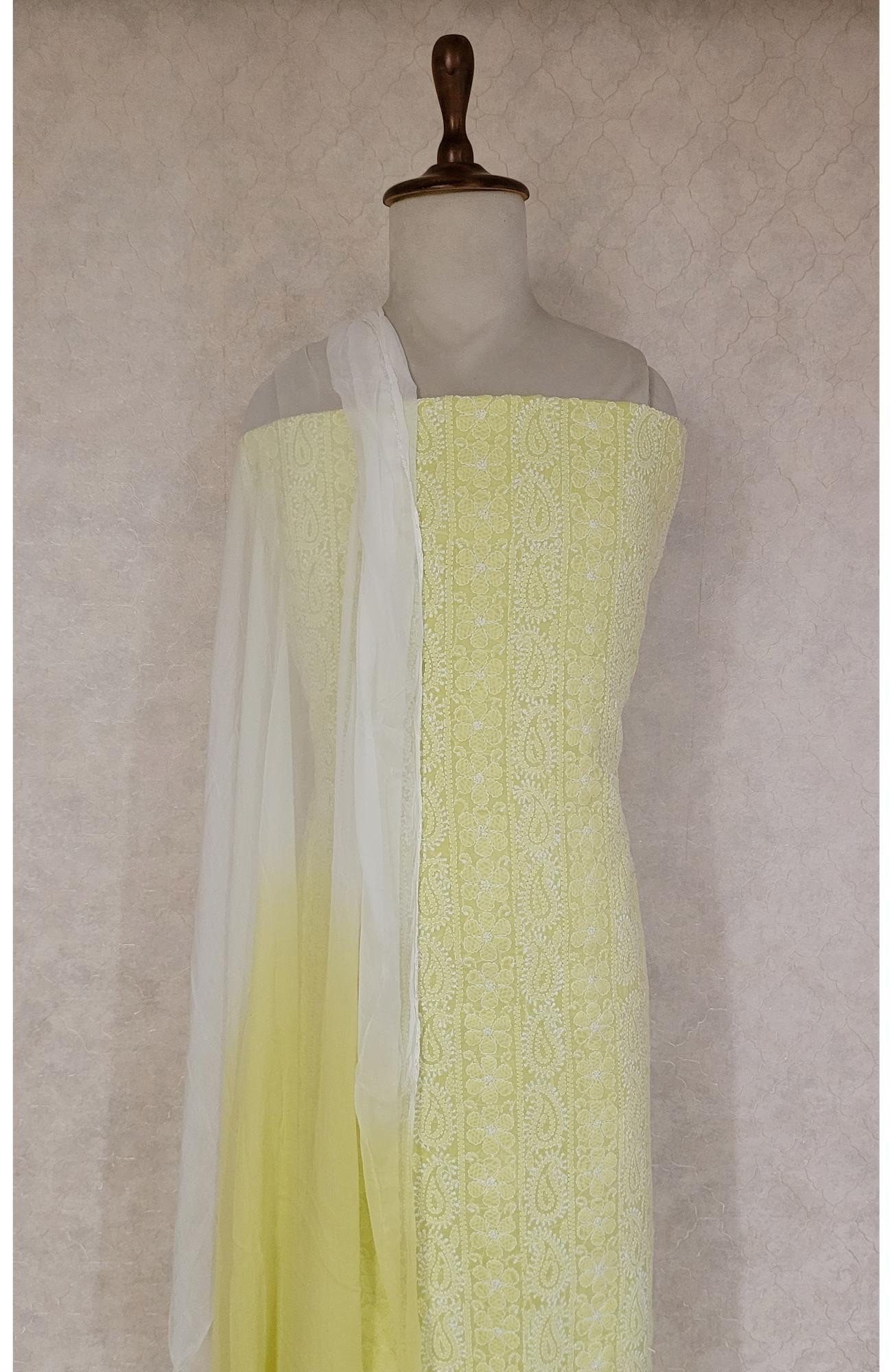 Yellow Cotton Chikankari Suit Length