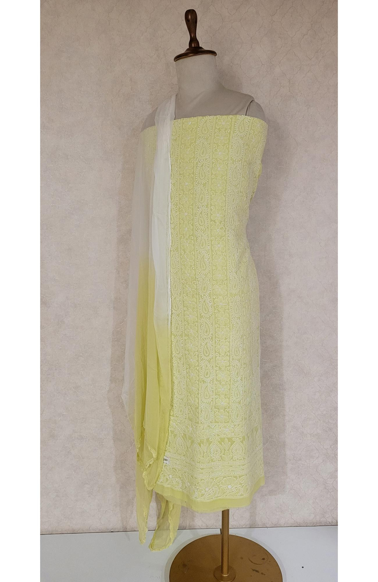 Yellow Cotton Chikankari Suit Length