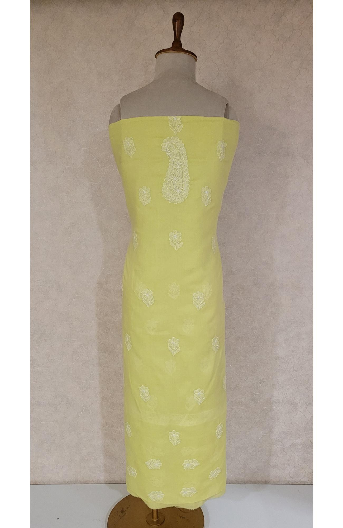 Yellow Cotton Chikankari Suit Length