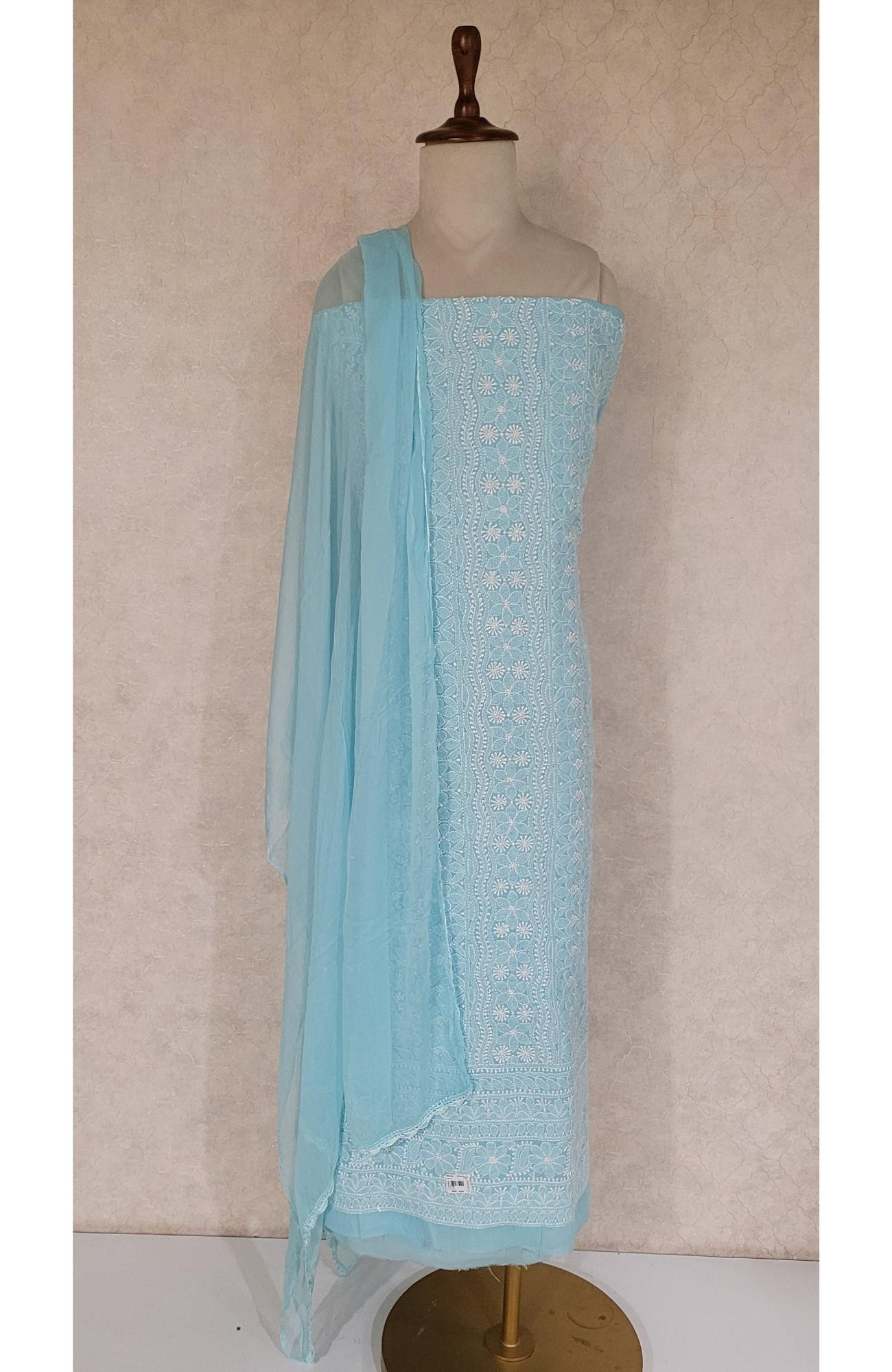 Blue Cotton Chikankari Suit Length