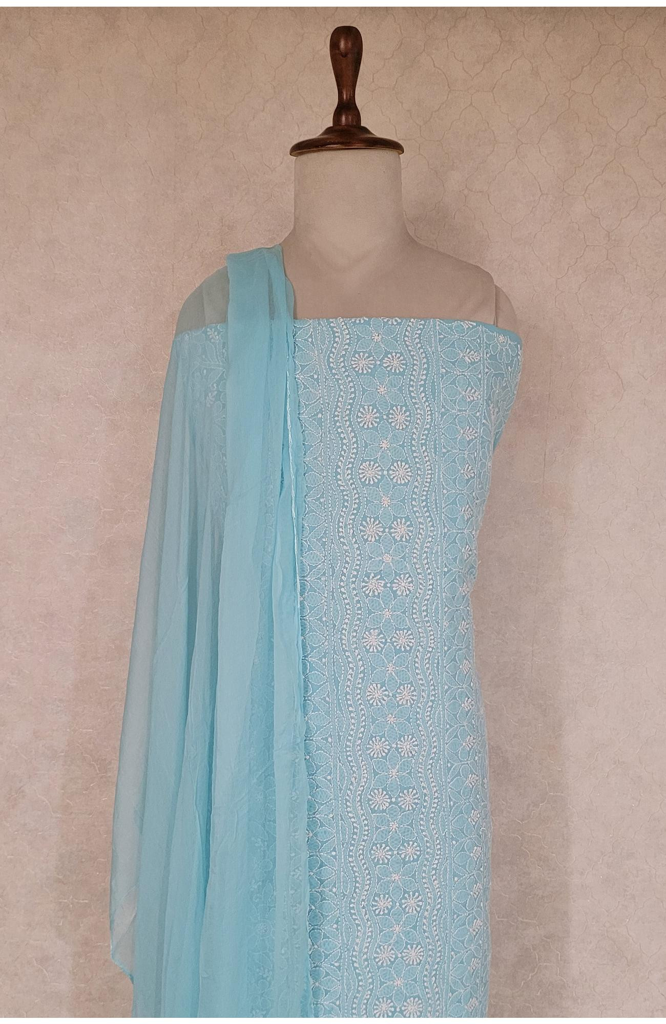 Blue Cotton Chikankari Suit Length