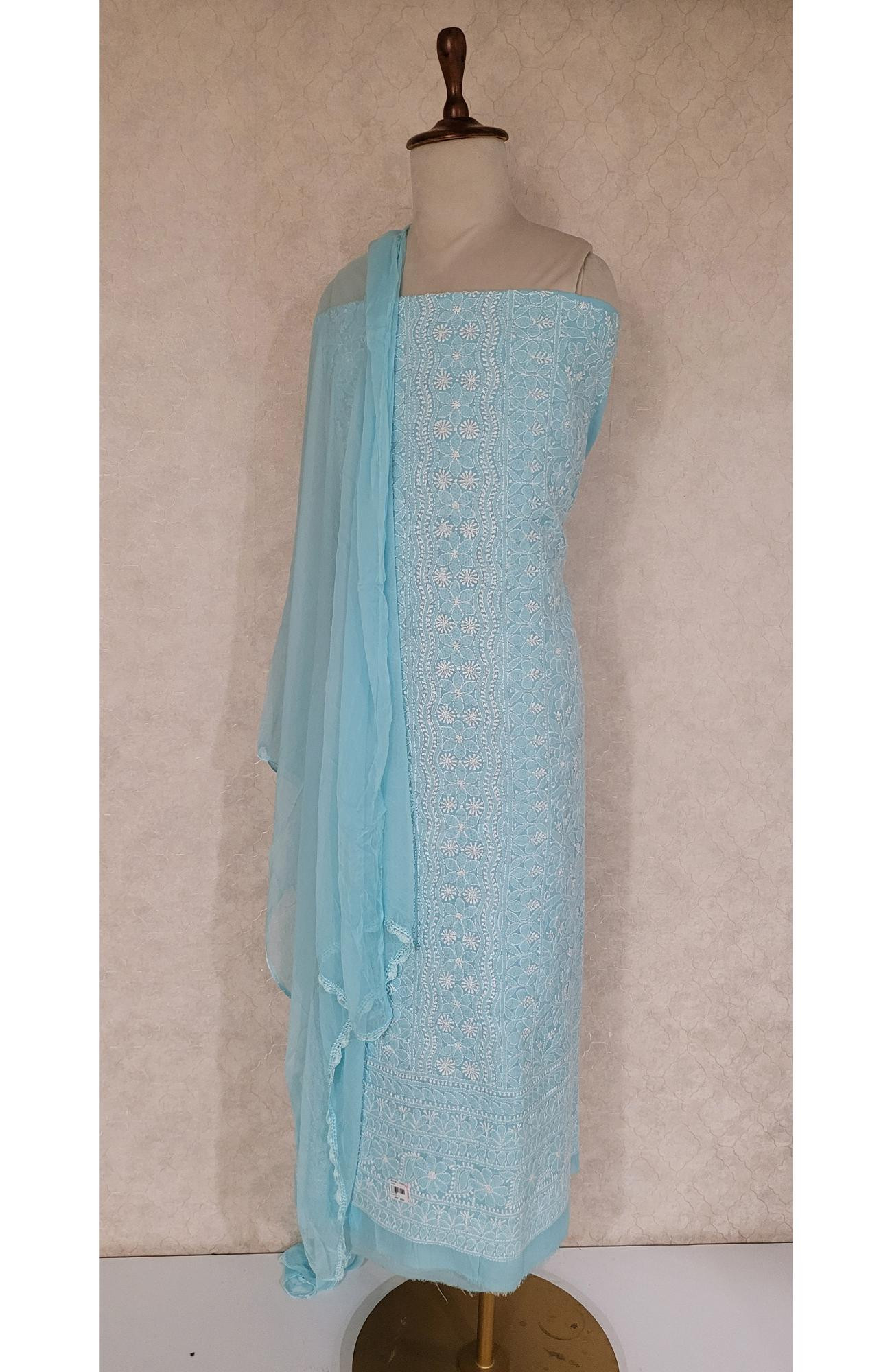 Blue Cotton Chikankari Suit Length