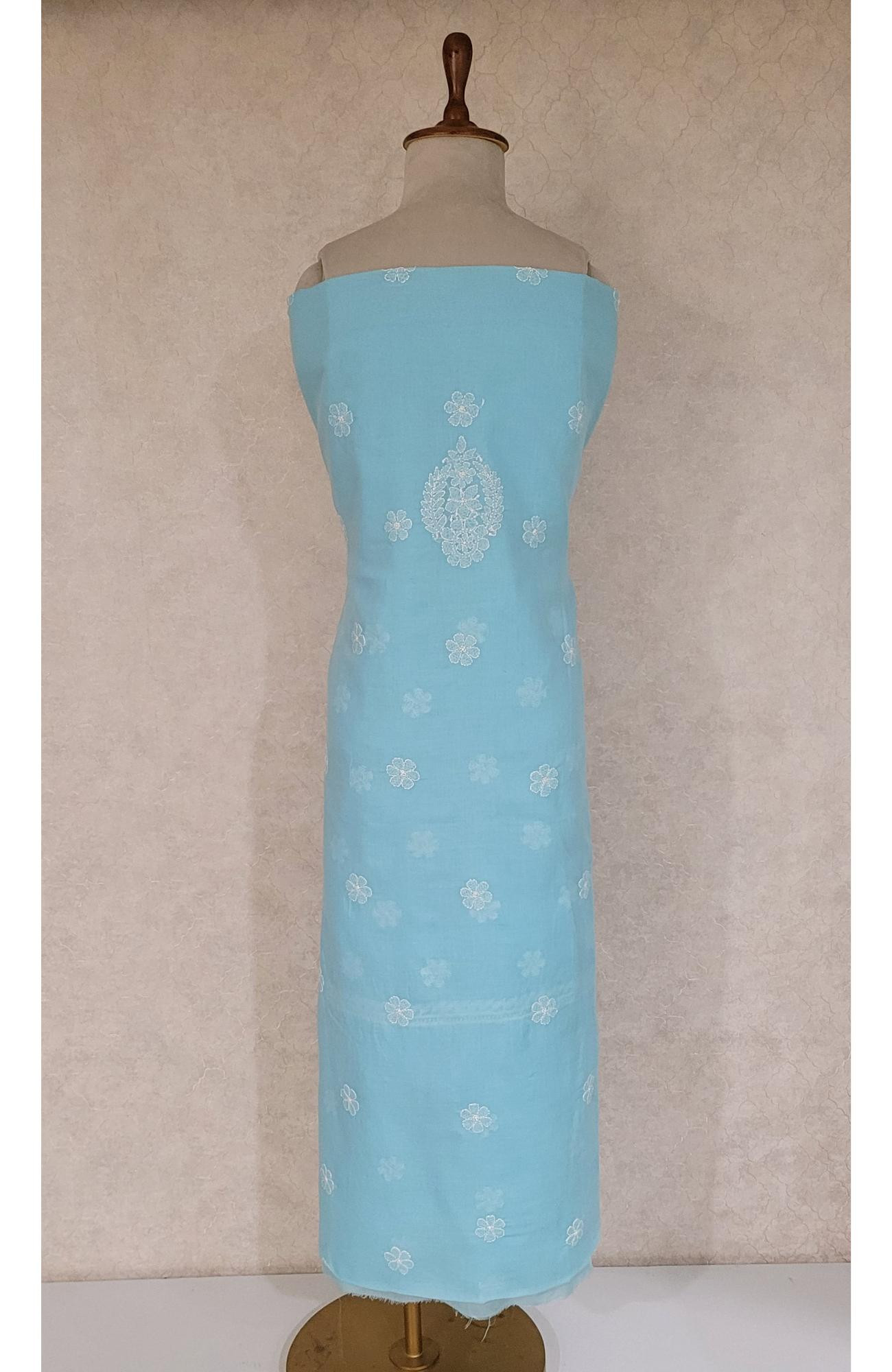 Blue Cotton Chikankari Suit Length