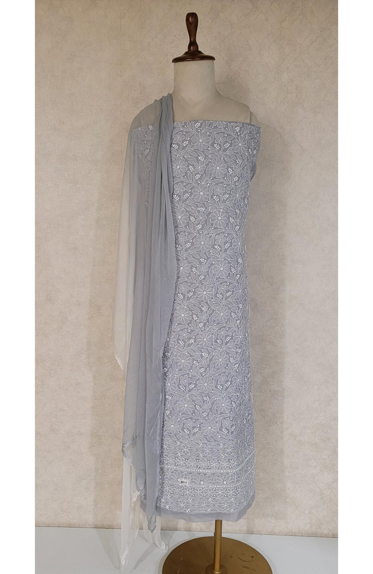 Grey Colour Chikankari Suit Length