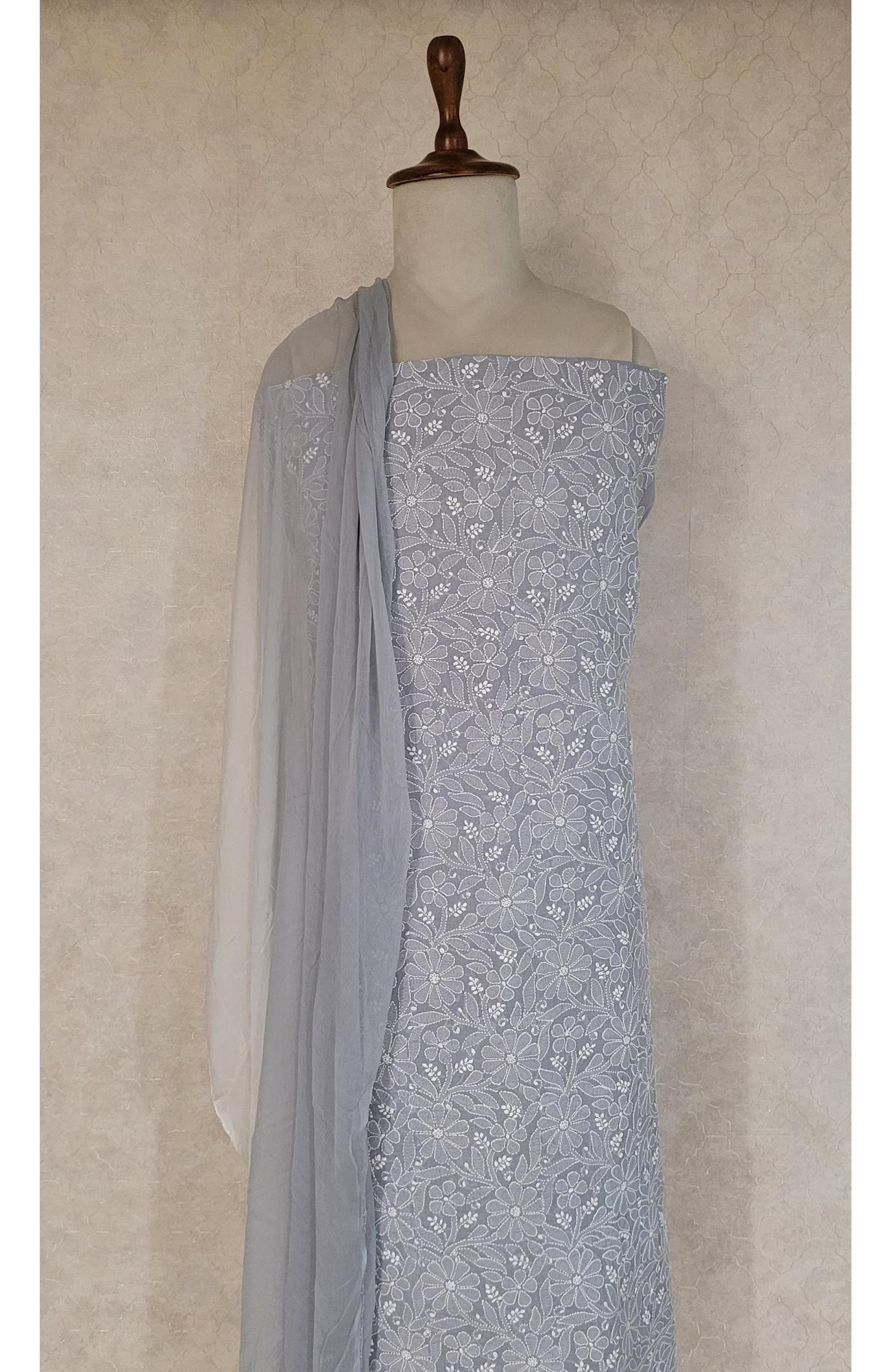 Grey Colour Chikankari Suit Length