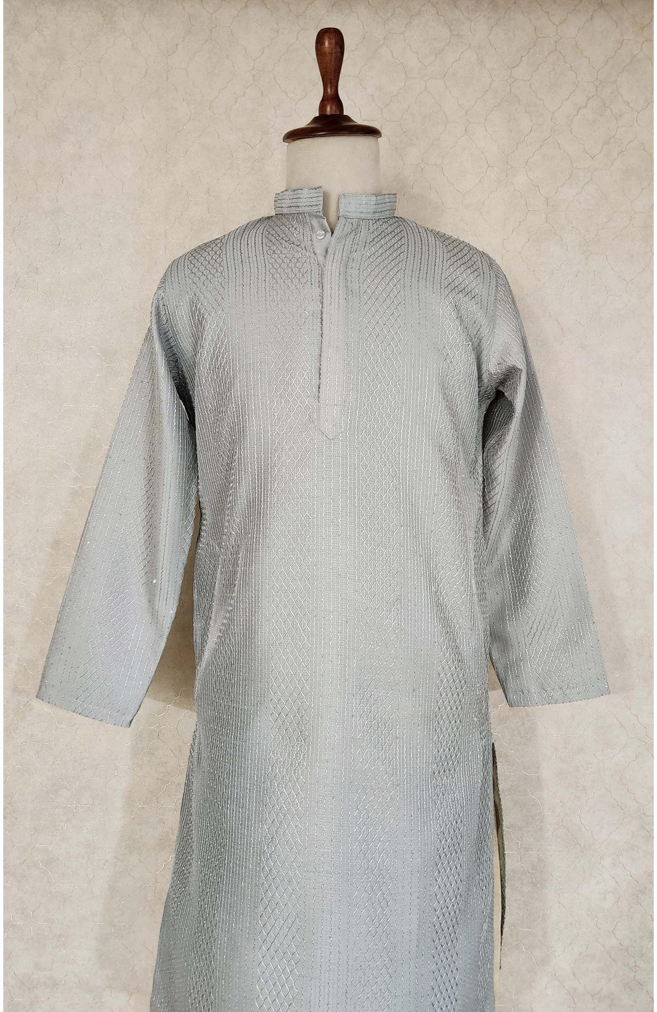 Grey Raw Silk Hakoba Kurta Set