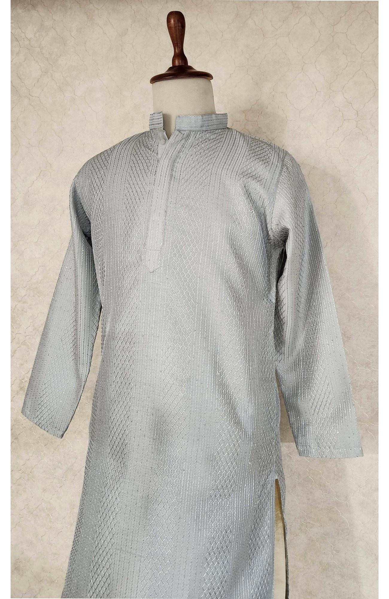 Grey Raw Silk Hakoba Kurta Set