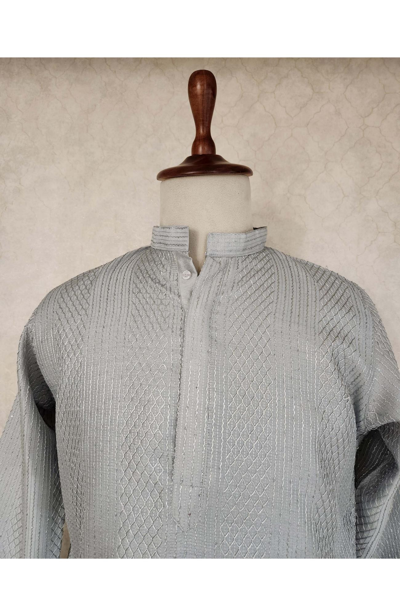Grey Raw Silk Hakoba Kurta Set