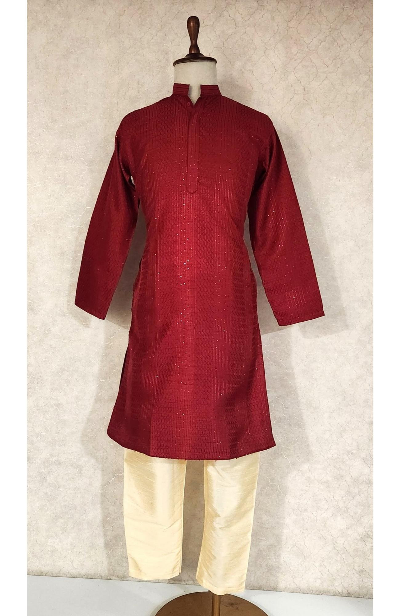 Red Raw Slik Hakoba Kurta Set