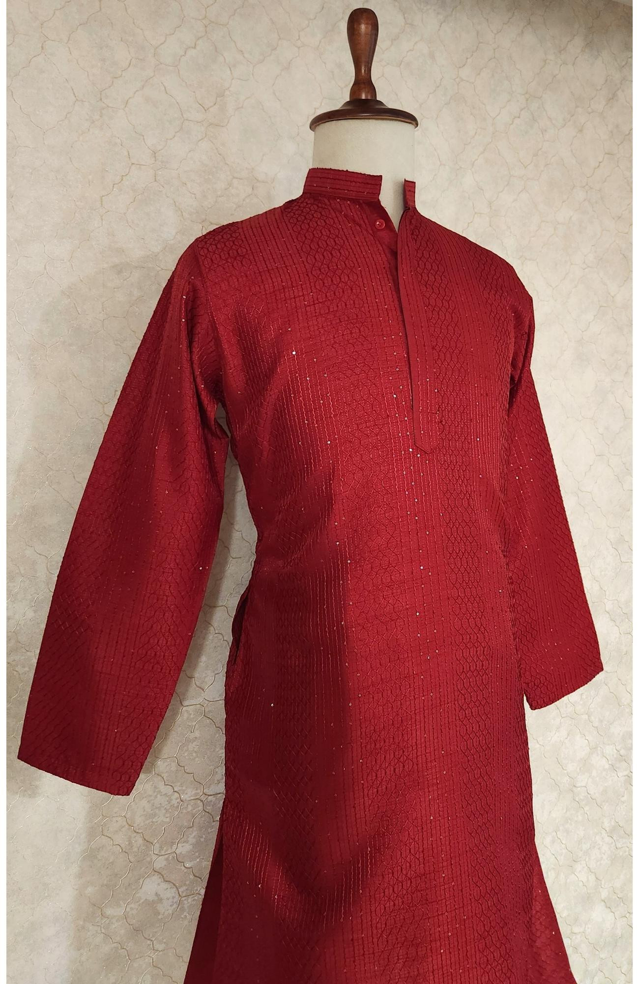 Red Raw Slik Hakoba Kurta Set
