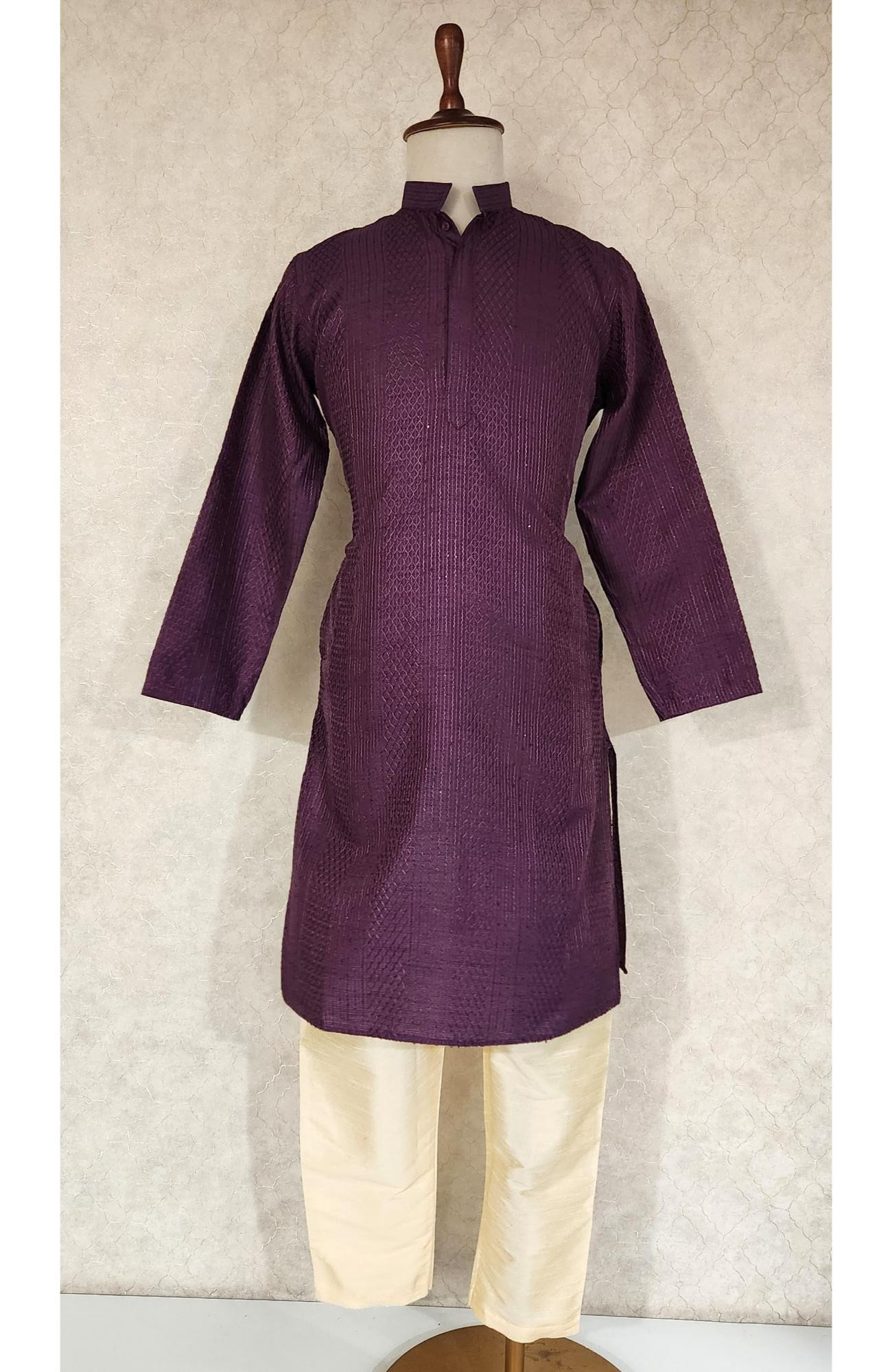 Wine Raw Silk Hakoba Kurta Set