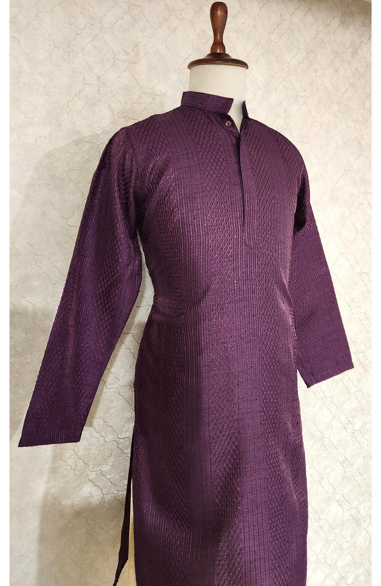 Wine Raw Silk Hakoba Kurta Set