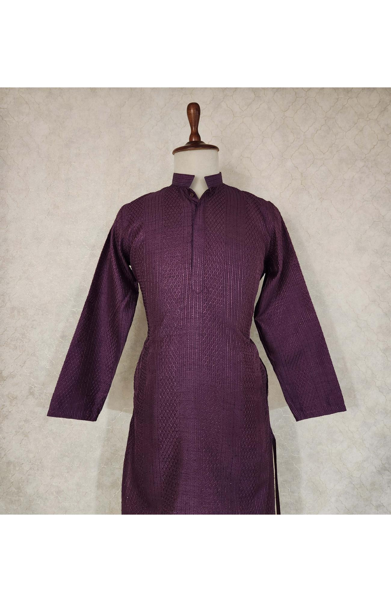 Wine Raw Silk Hakoba Kurta Set