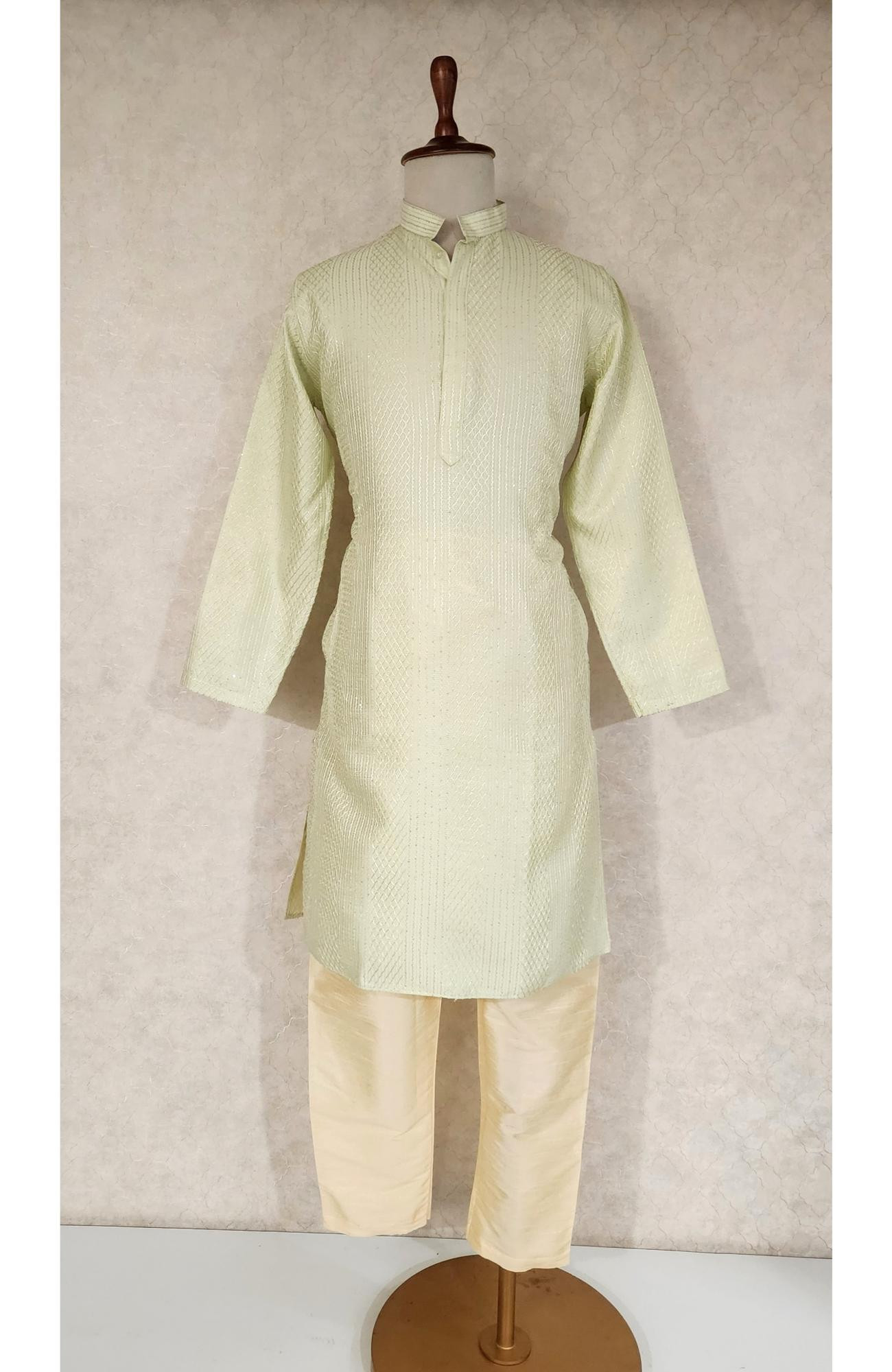 Pista Green Raw Silk Hakoba Kurta Set