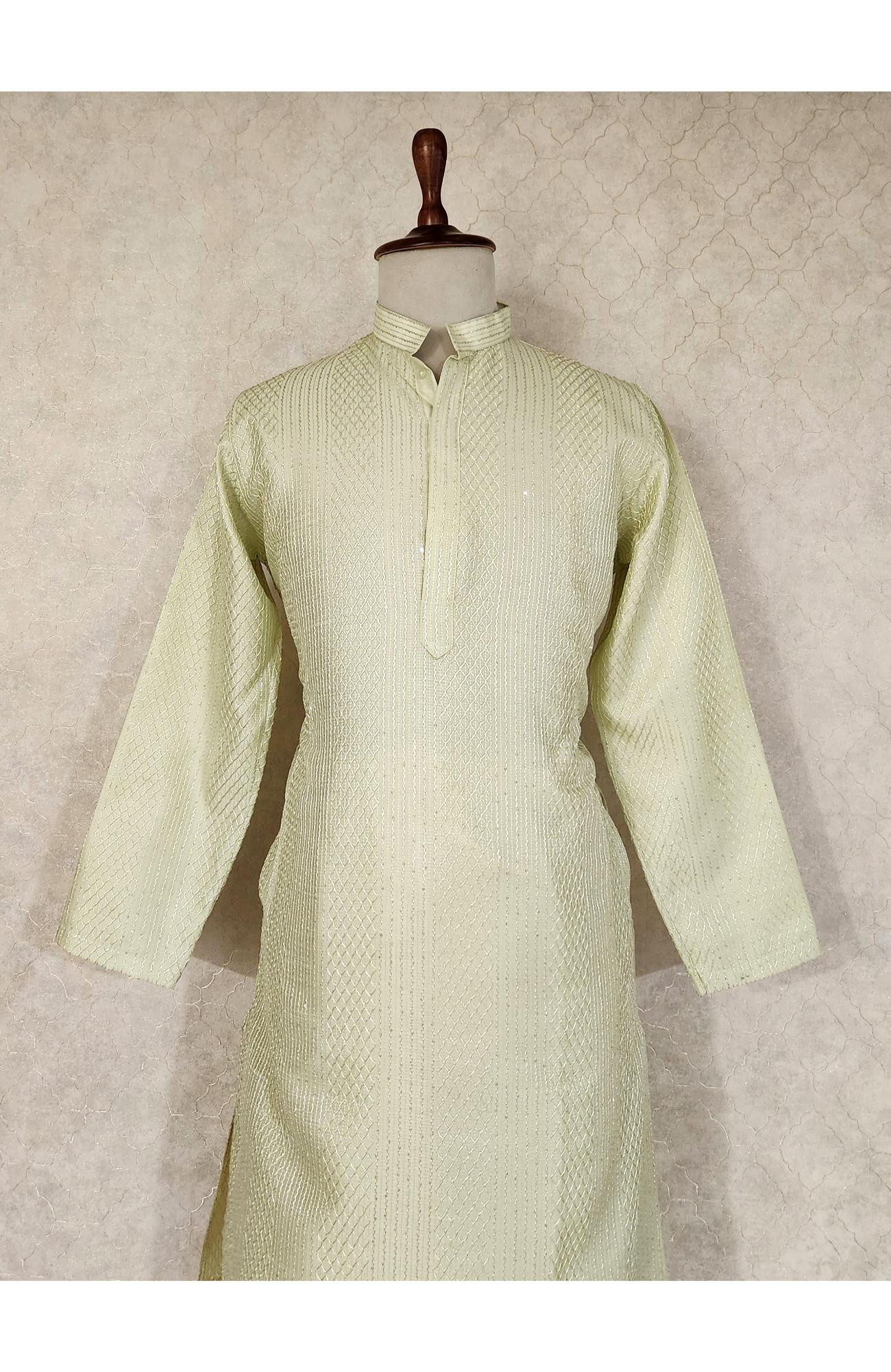 Pista Green Raw Silk Hakoba Kurta Set