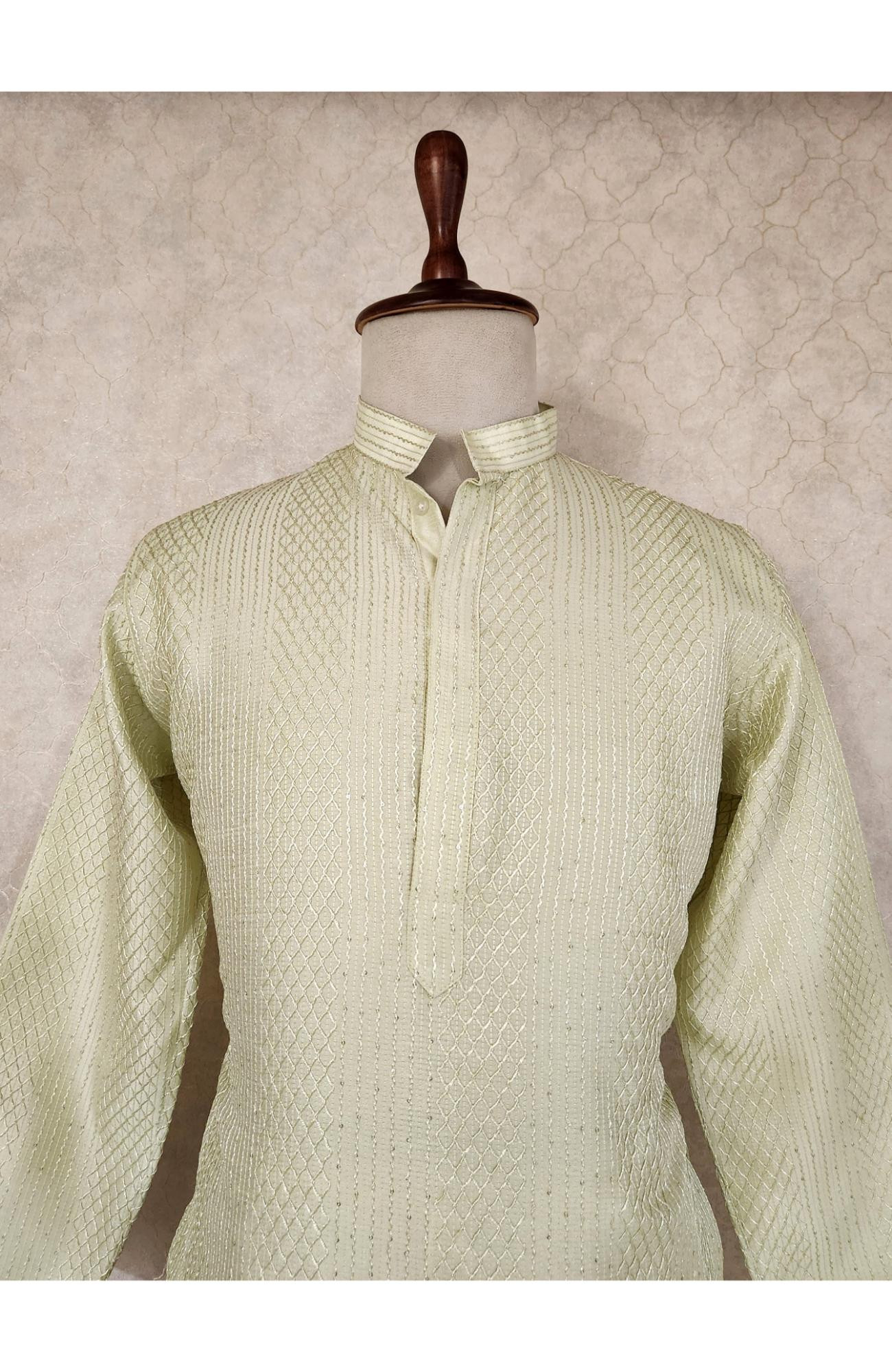 Pista Green Raw Silk Hakoba Kurta Set