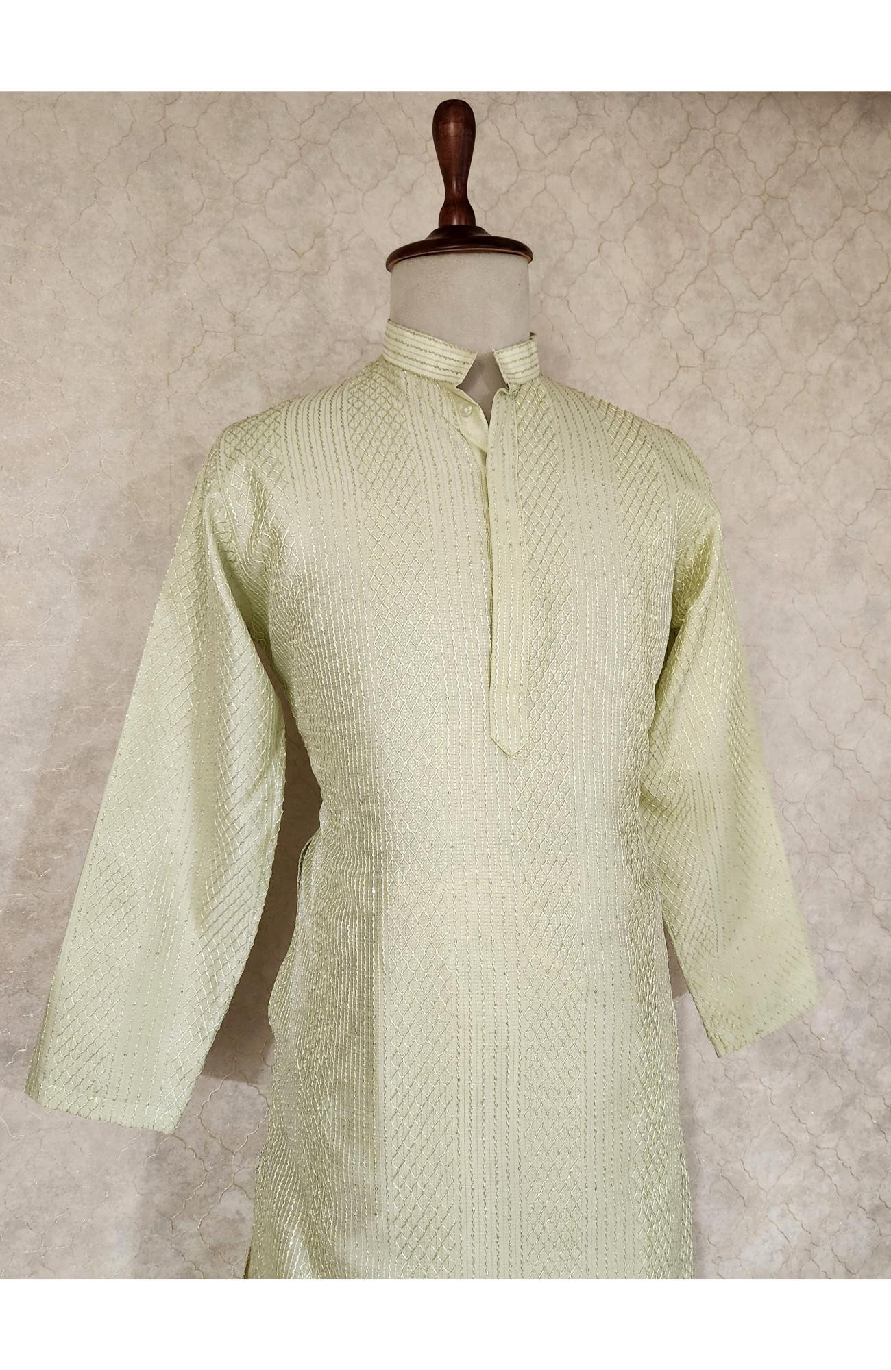 Pista Green Raw Silk Hakoba Kurta Set