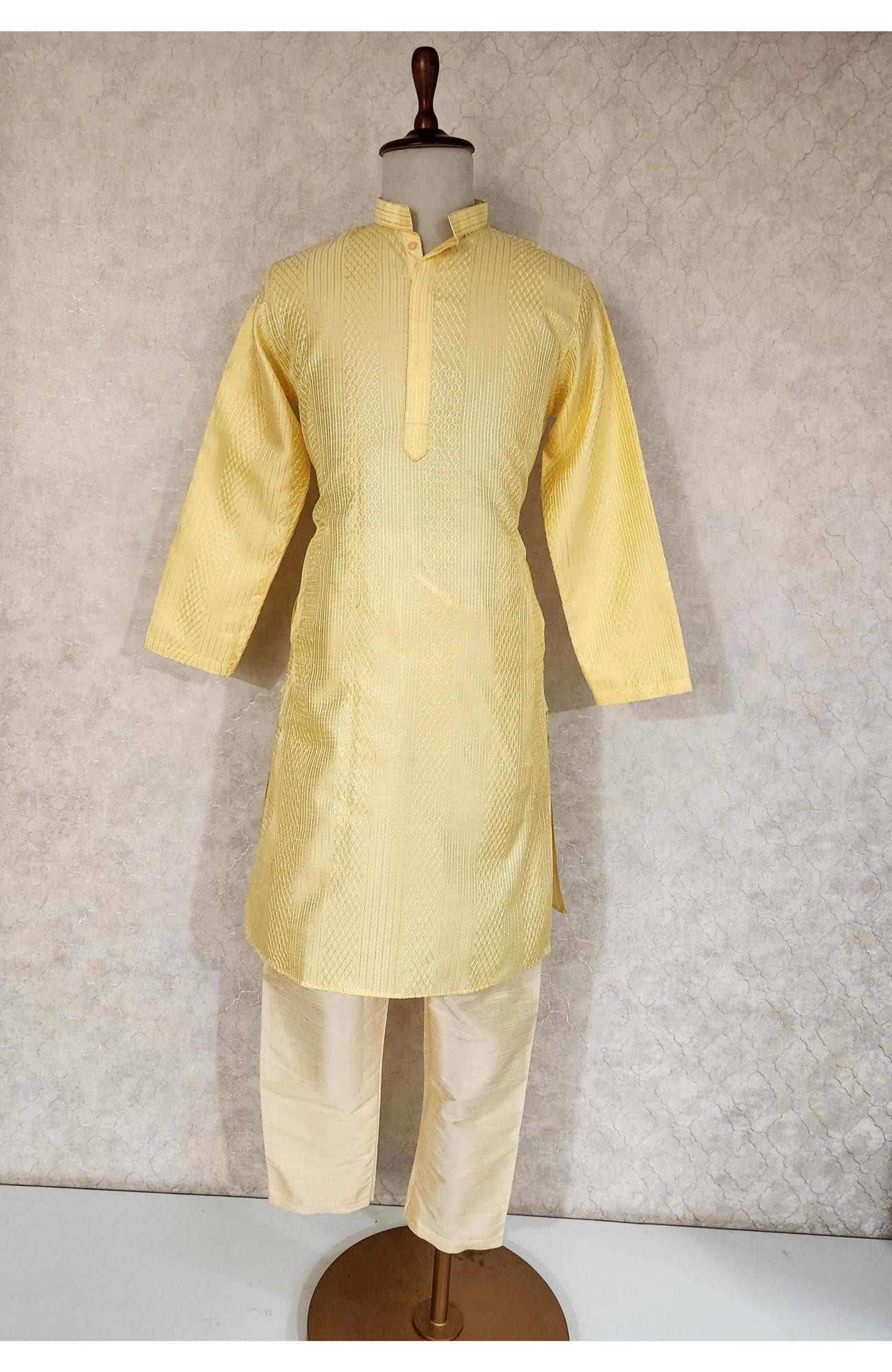Light Yellow Raw Silk Hakoba Kurta Set