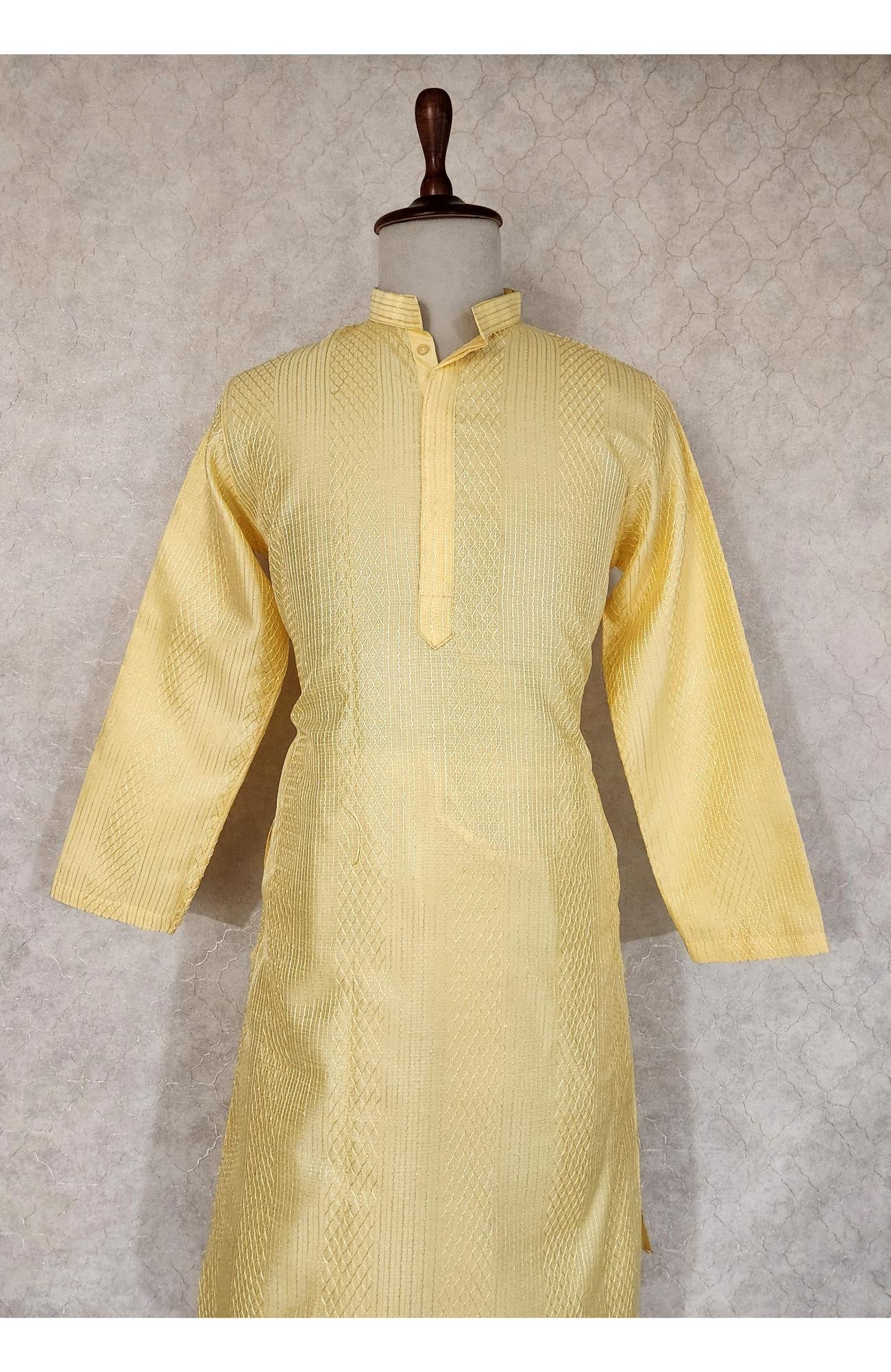 Light Yellow Raw Silk Hakoba Kurta Set