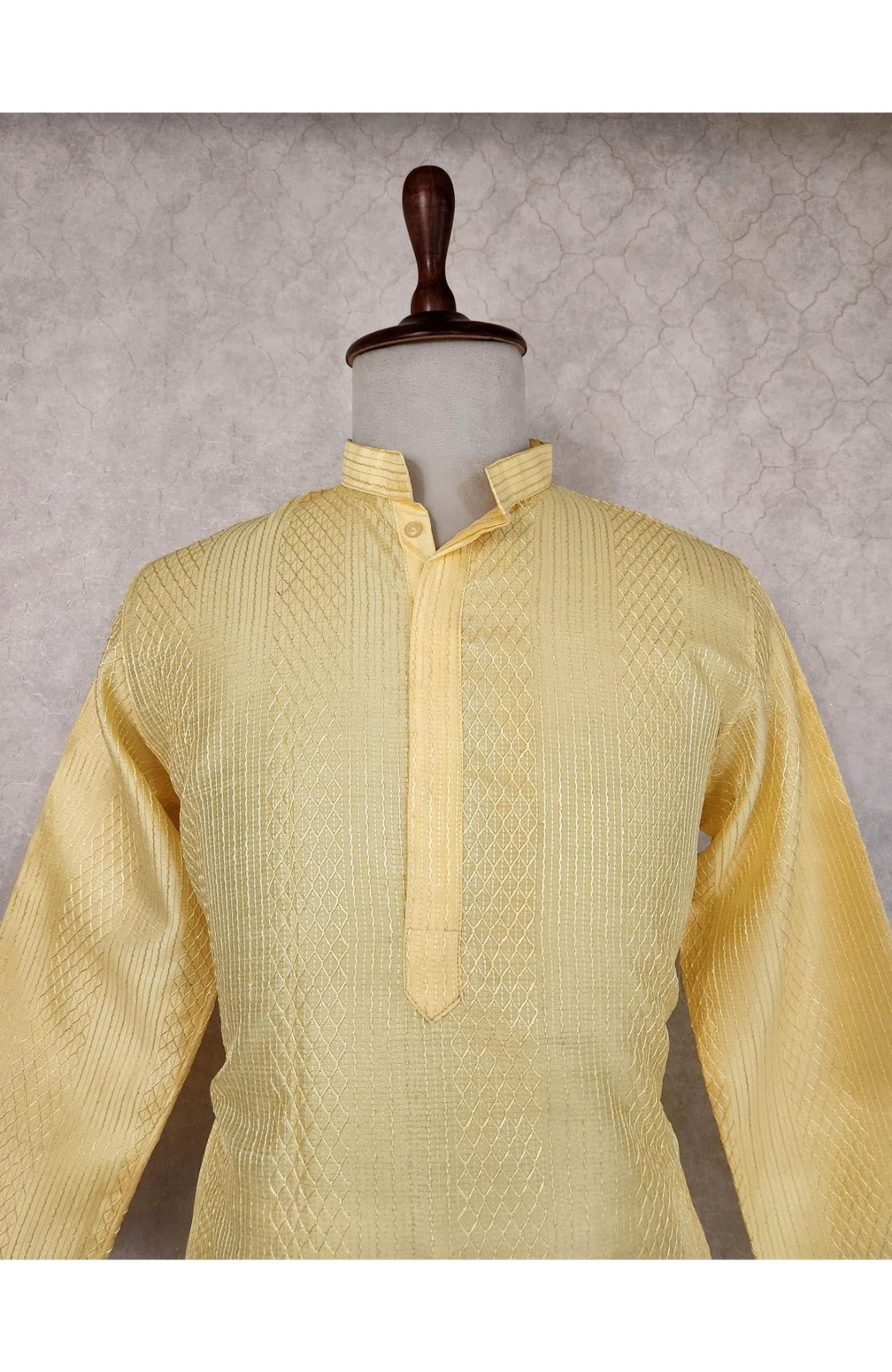 Light Yellow Raw Silk Hakoba Kurta Set