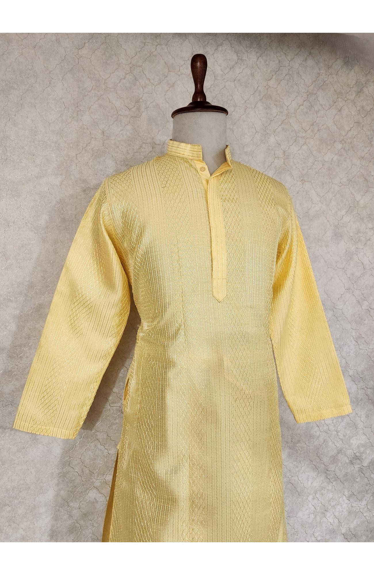 Light Yellow Raw Silk Hakoba Kurta Set