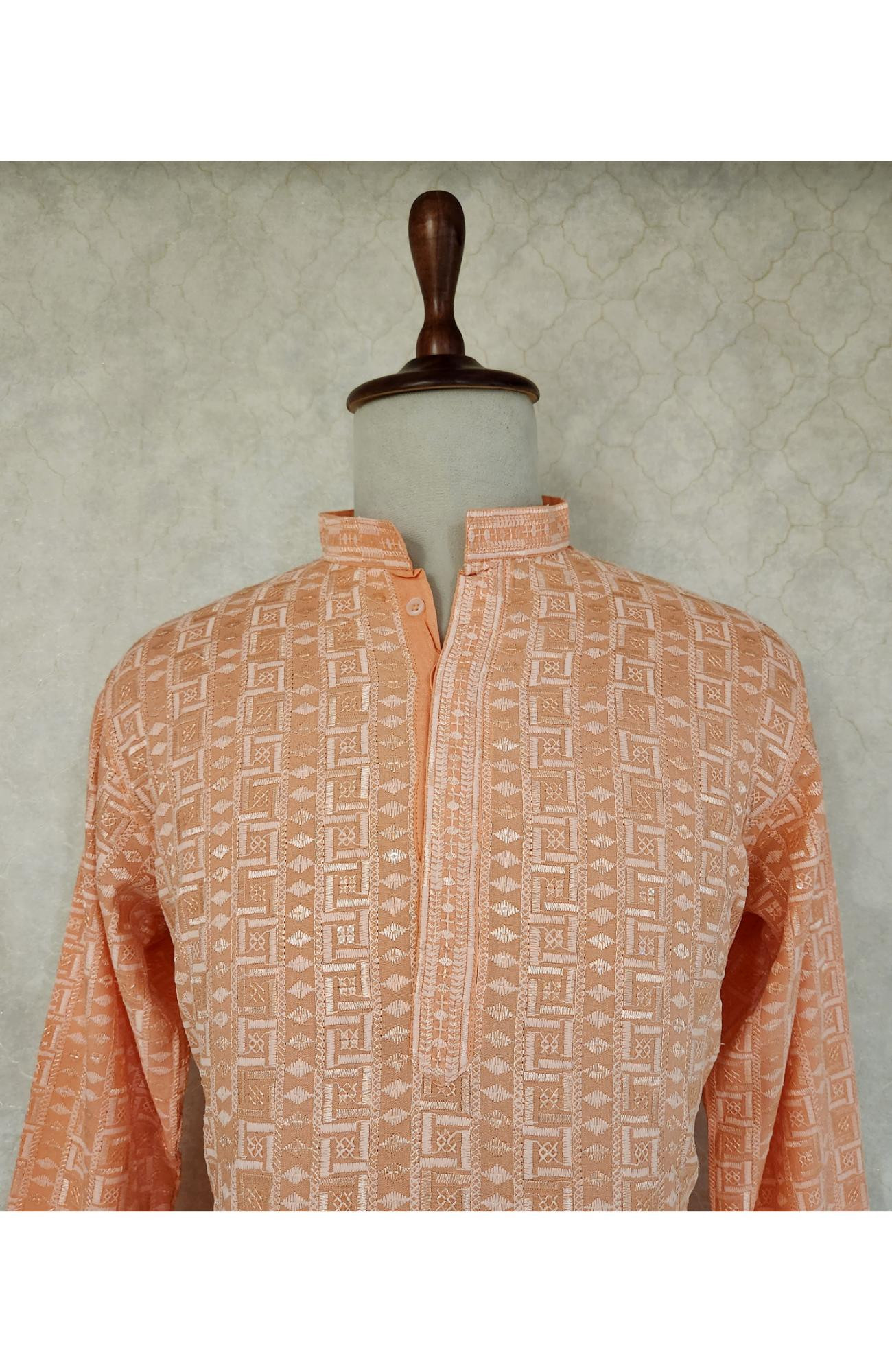 Peach Rayon Hakoba Kurta
