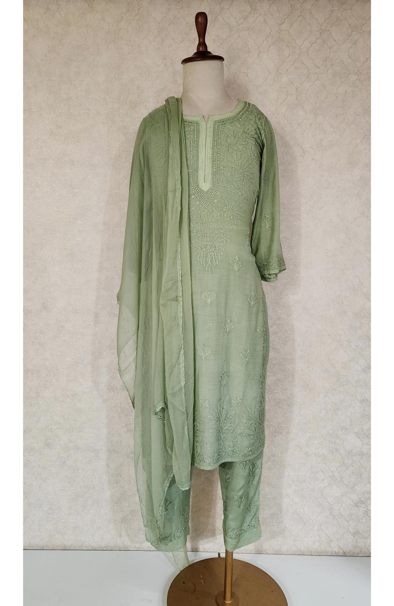 Green Muslin Chikankari Kurta, Dupatta & Pant Set