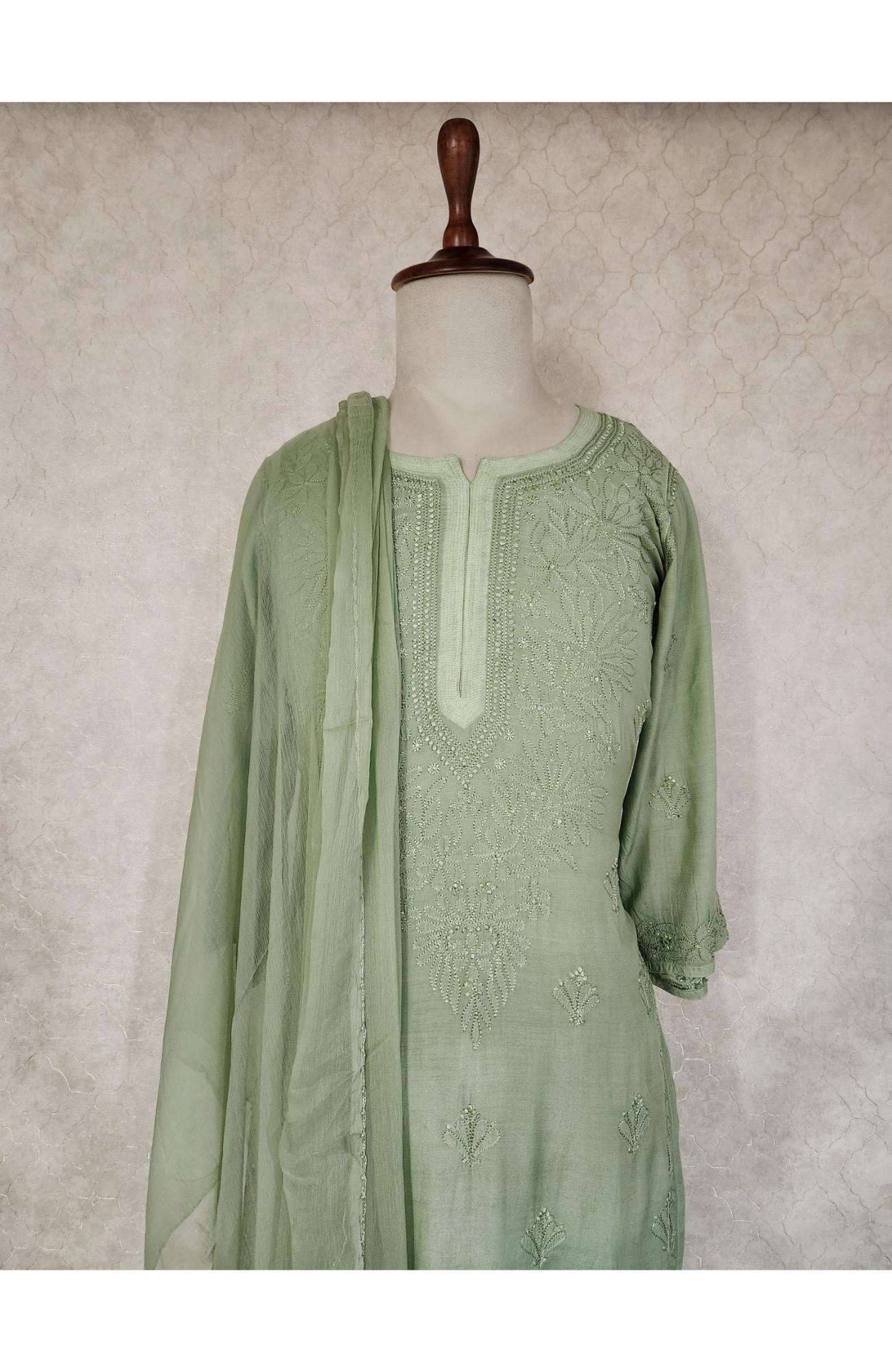 Green Muslin Chikankari Kurta, Dupatta & Pant Set