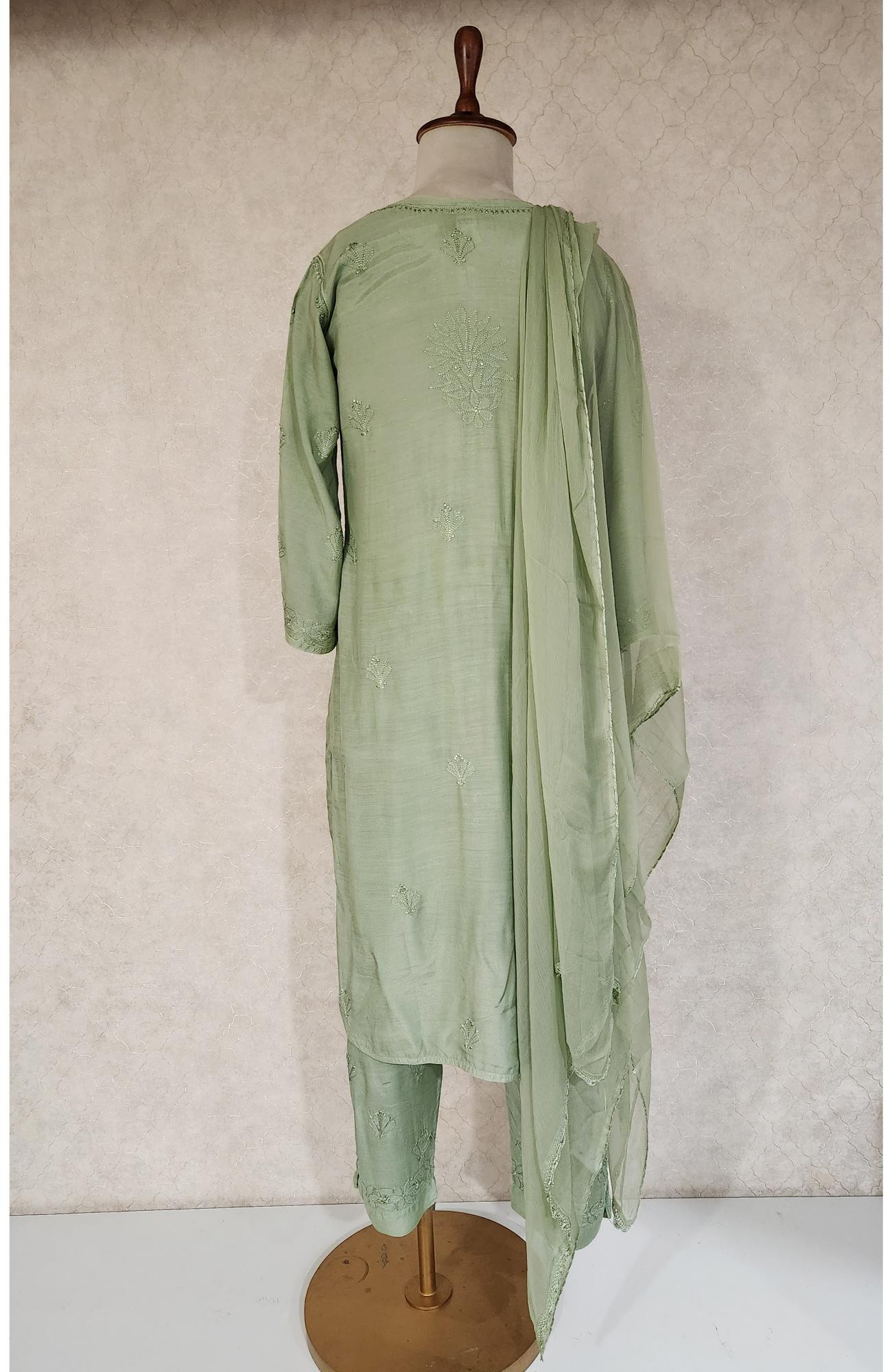 Green Muslin Chikankari Kurta, Dupatta & Pant Set