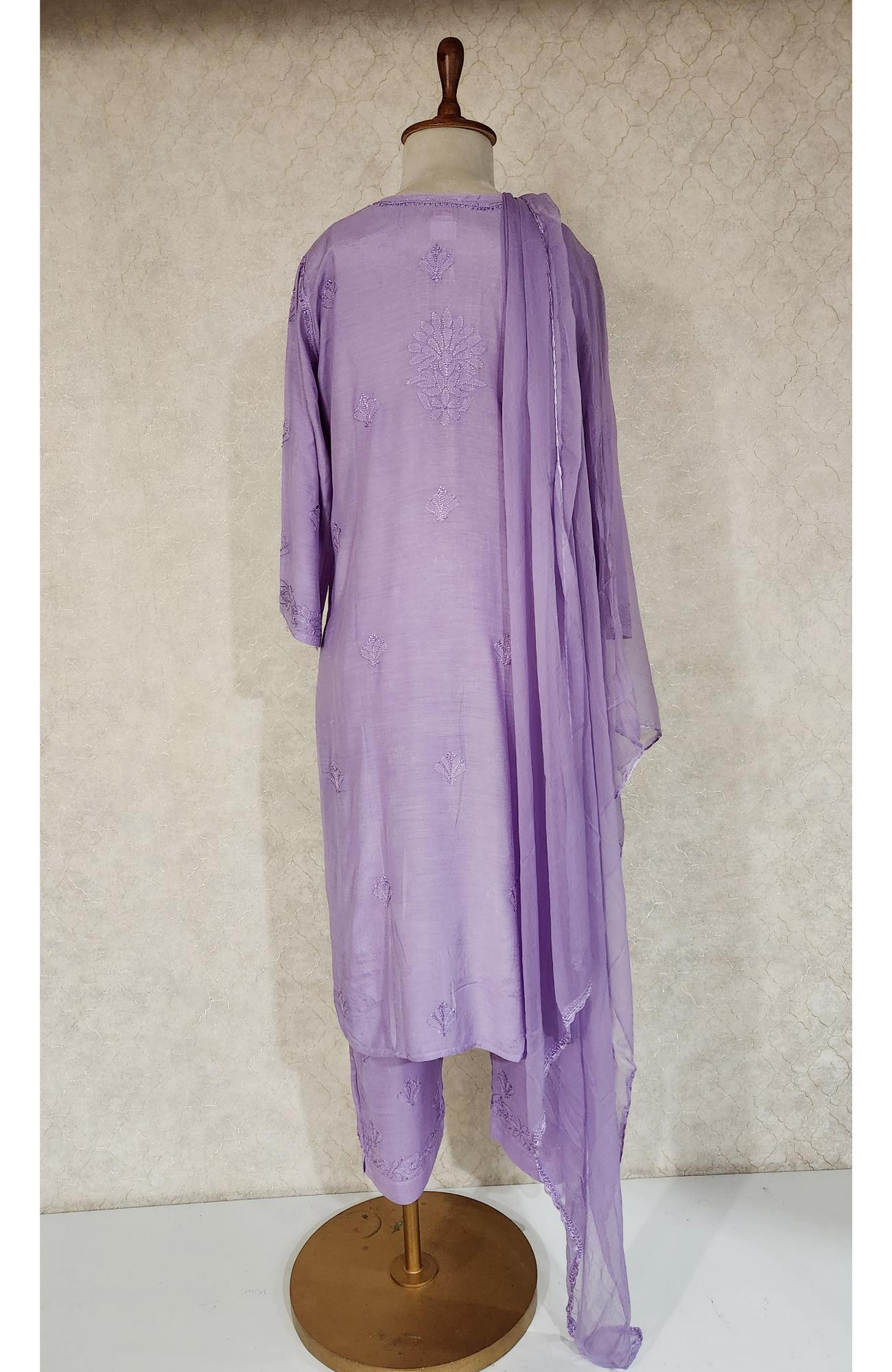 Lavender Muslin Chikankari Kurta, Dupatta & Pant  Set