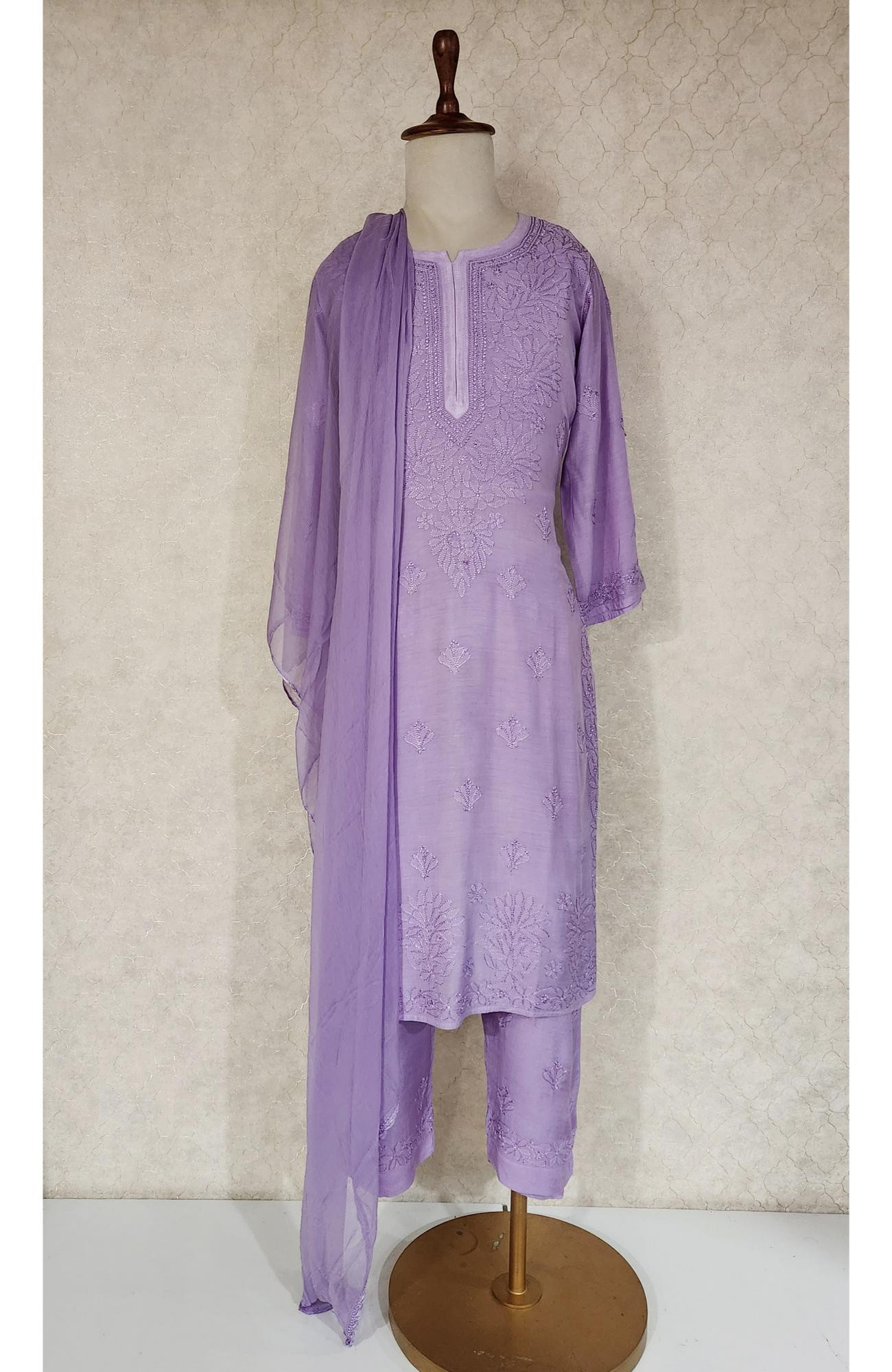 Lavender Muslin Chikankari Kurta, Dupatta & Pant  Set