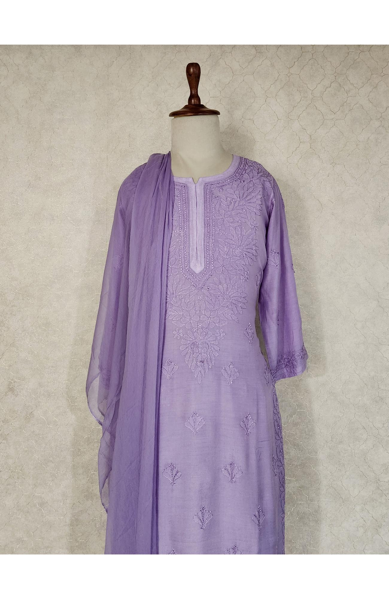 Lavender Muslin Chikankari Kurta, Dupatta & Pant  Set