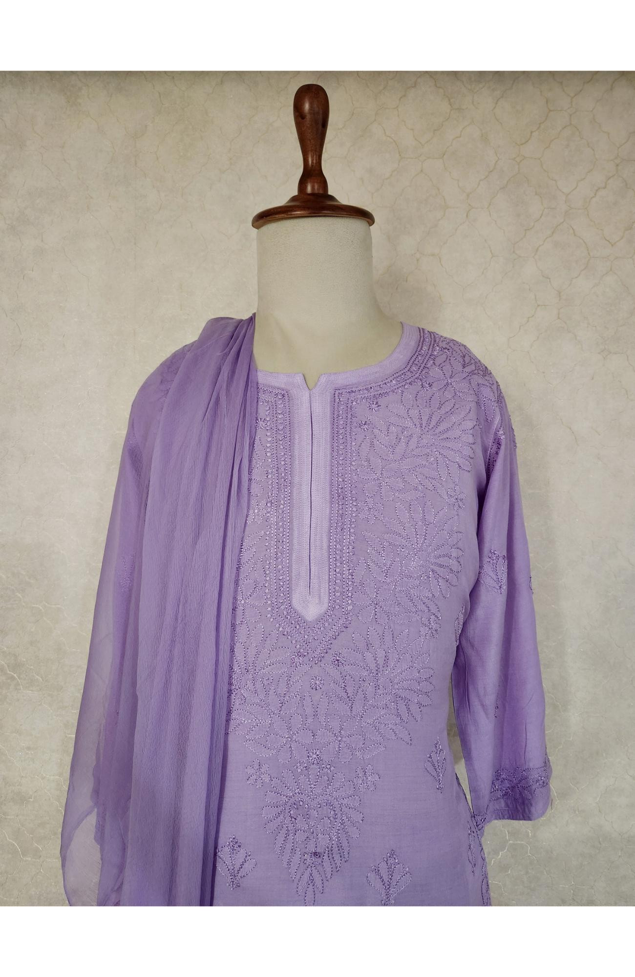 Lavender Muslin Chikankari Kurta, Dupatta & Pant  Set