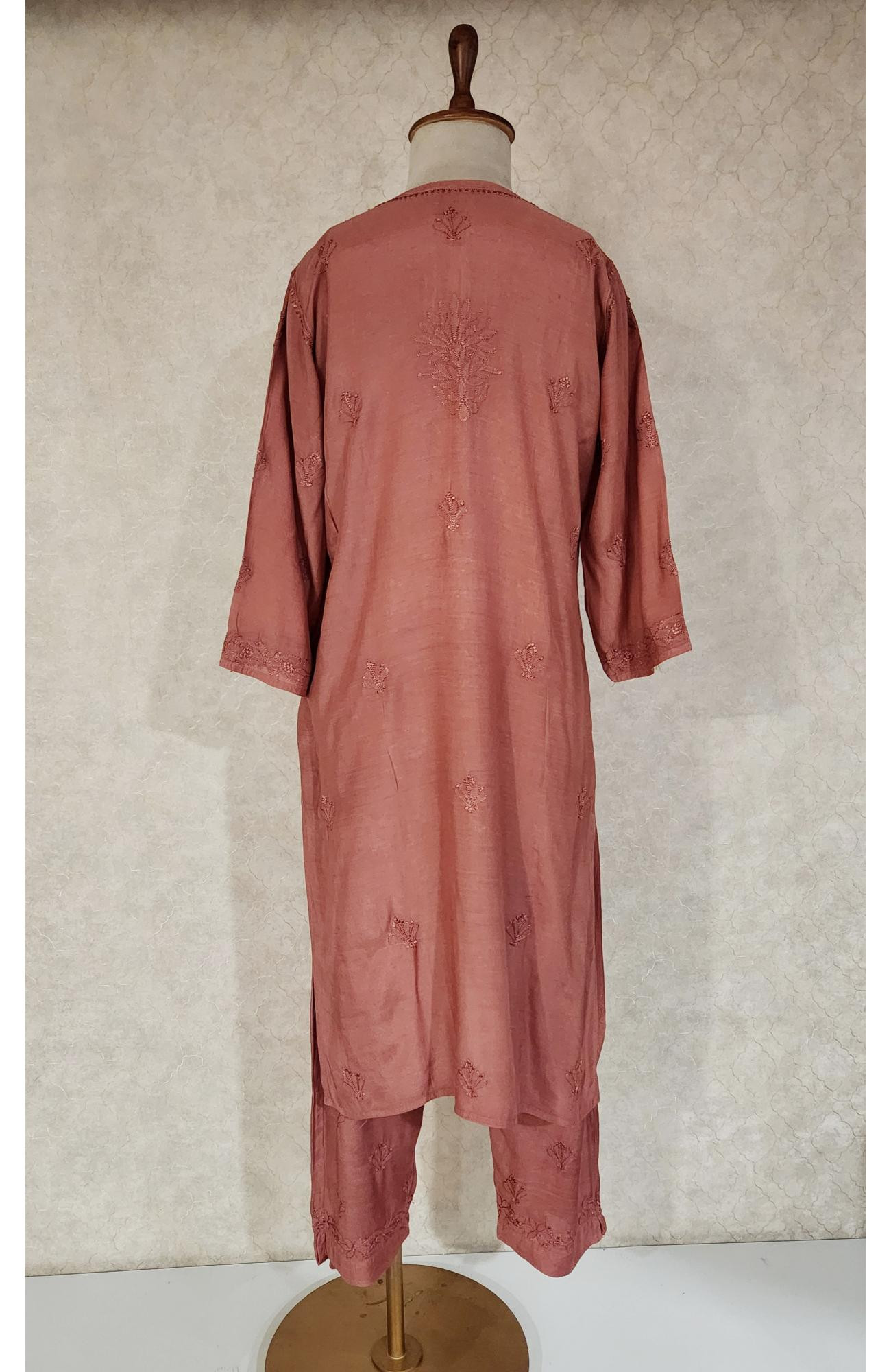 Maroon Muslin Chikankari Kurta, Dupatta & Pant Set