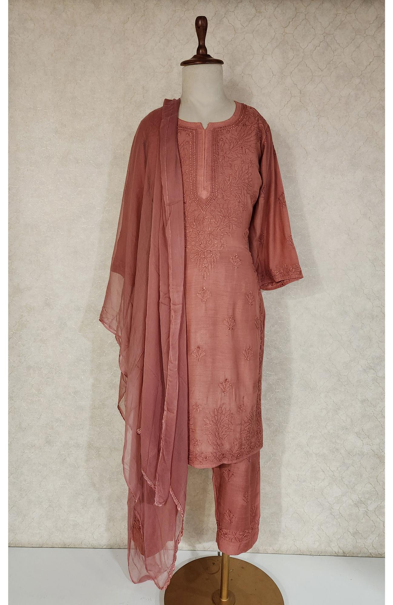 Maroon Muslin Chikankari Kurta, Dupatta & Pant Set
