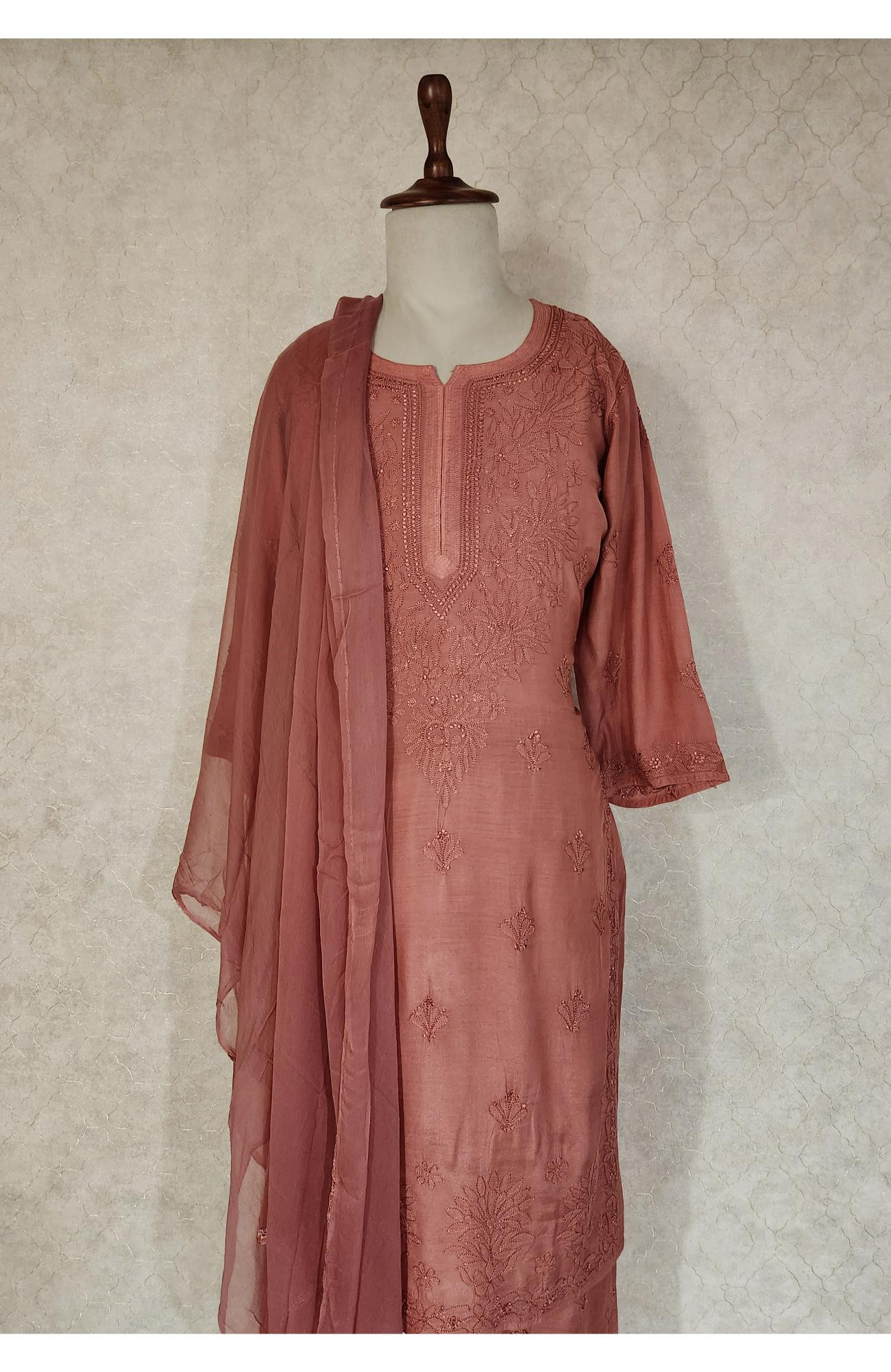 Maroon Muslin Chikankari Kurta, Dupatta & Pant Set