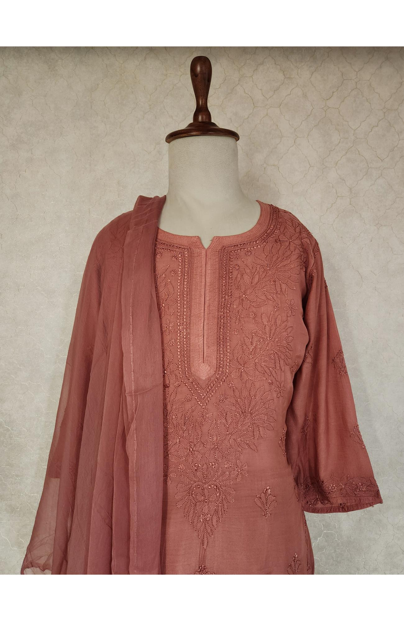 Maroon Muslin Chikankari Kurta, Dupatta & Pant Set