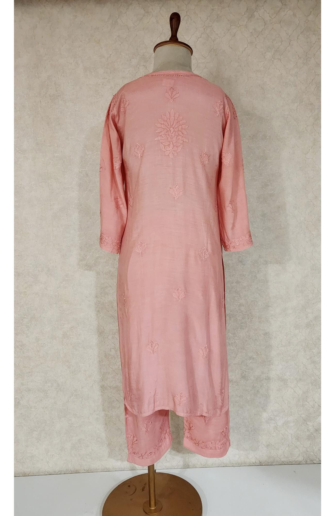 Pink Muslin Chikankari Kurta, Dupatta & Pant Set