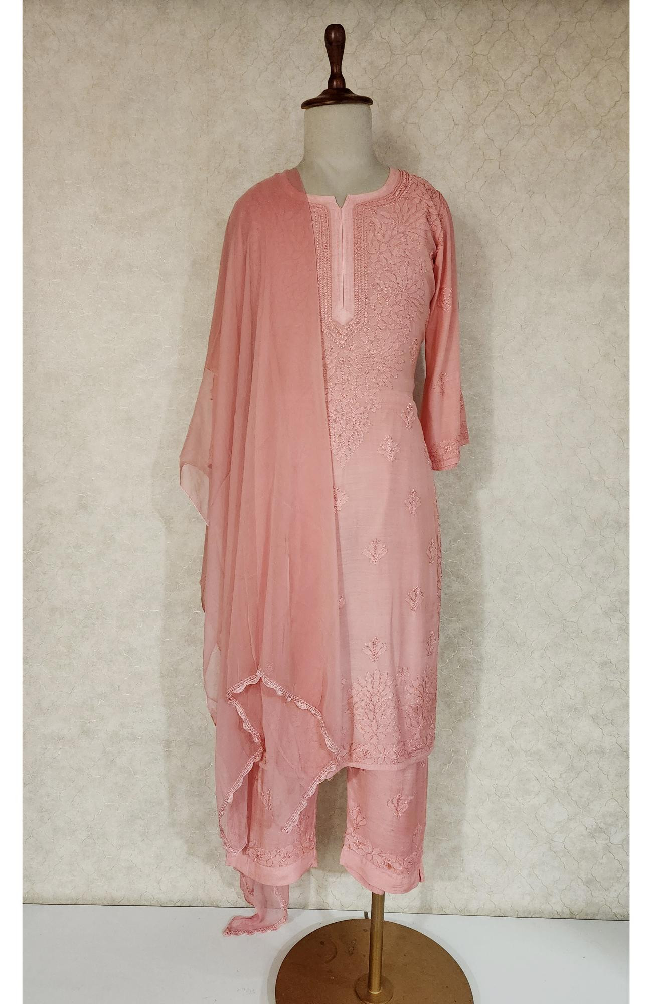 Pink Muslin Chikankari Kurta, Dupatta & Pant Set