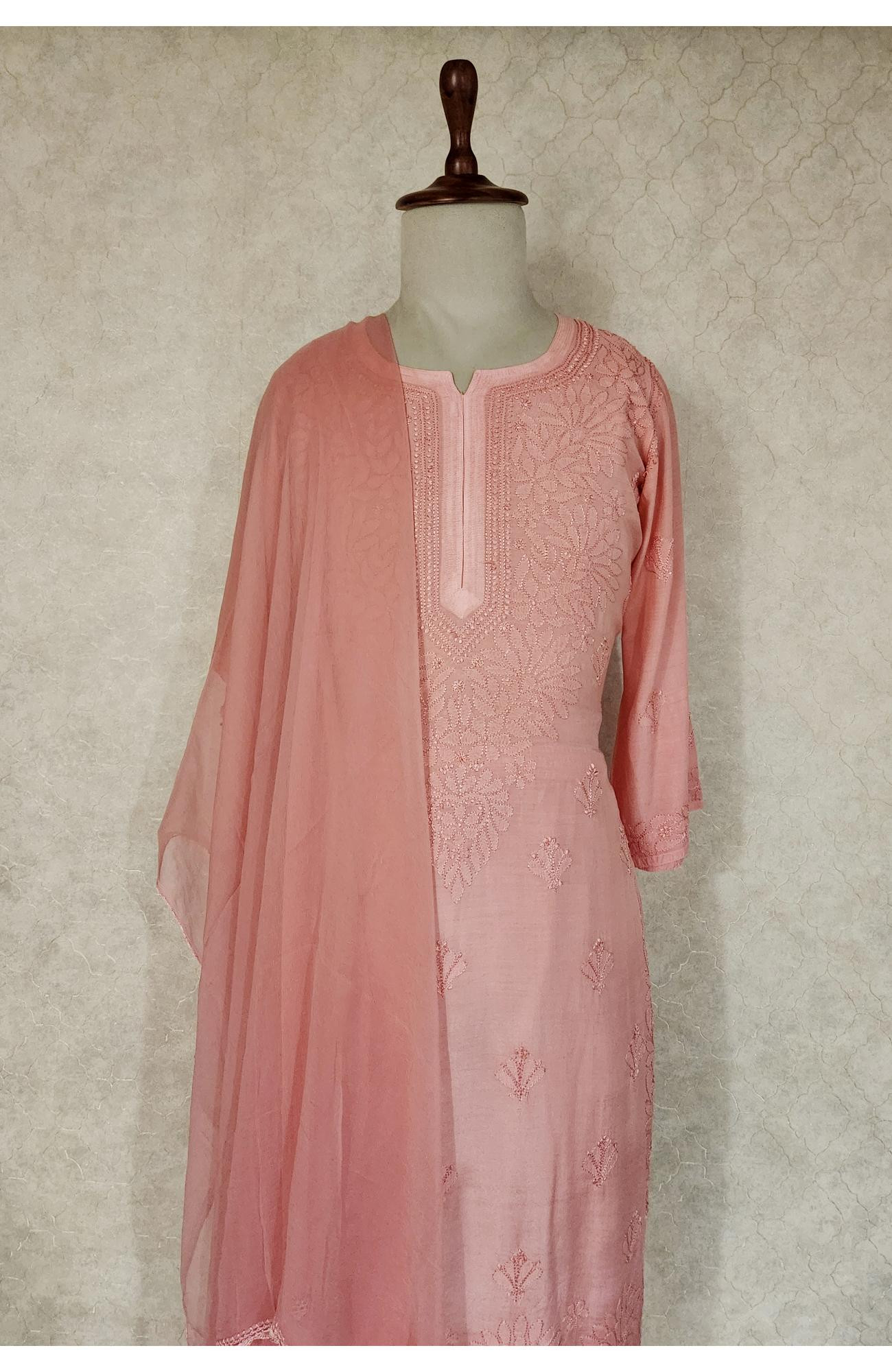 Pink Muslin Chikankari Kurta, Dupatta & Pant Set