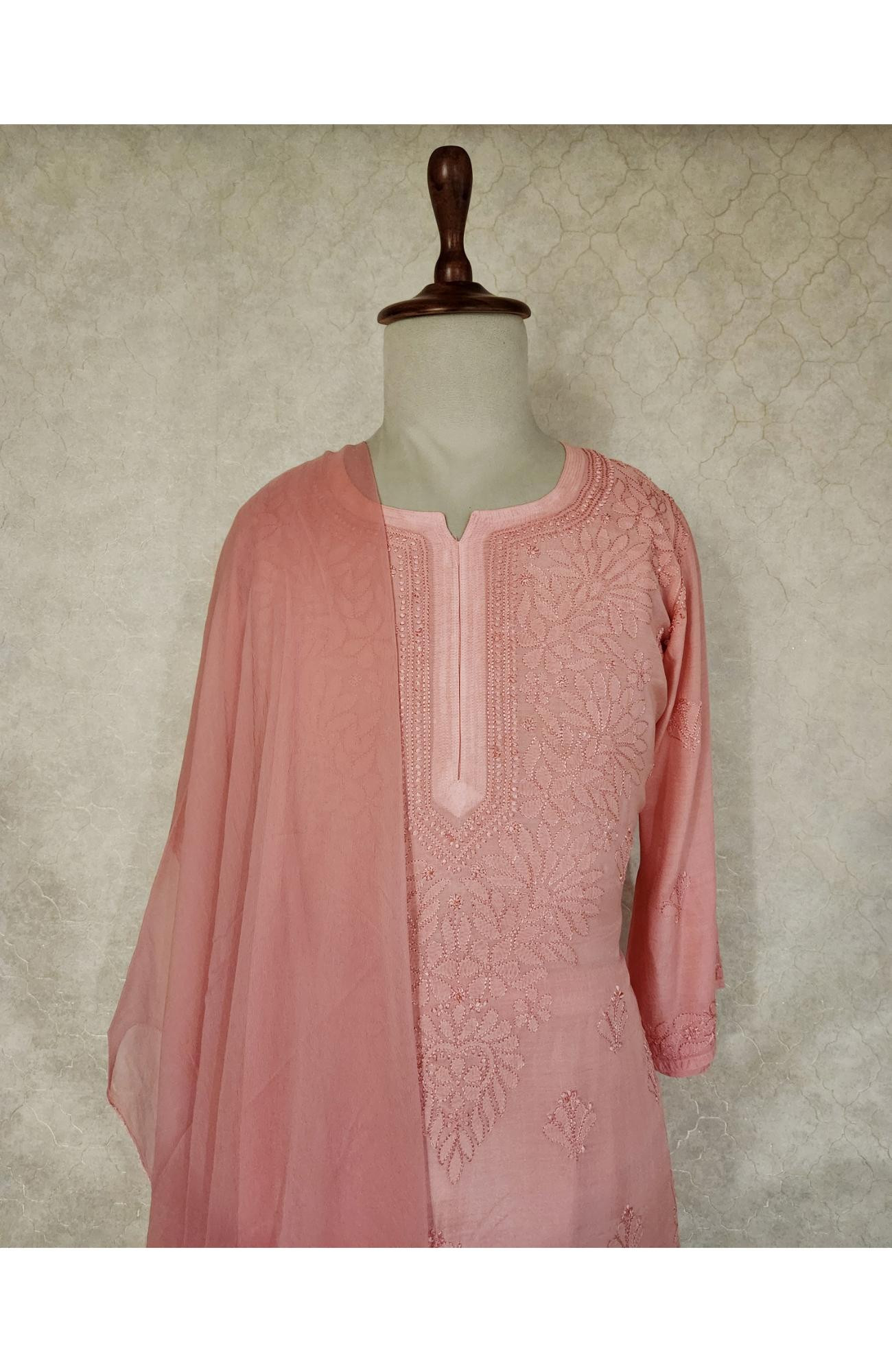 Pink Muslin Chikankari Kurta, Dupatta & Pant Set