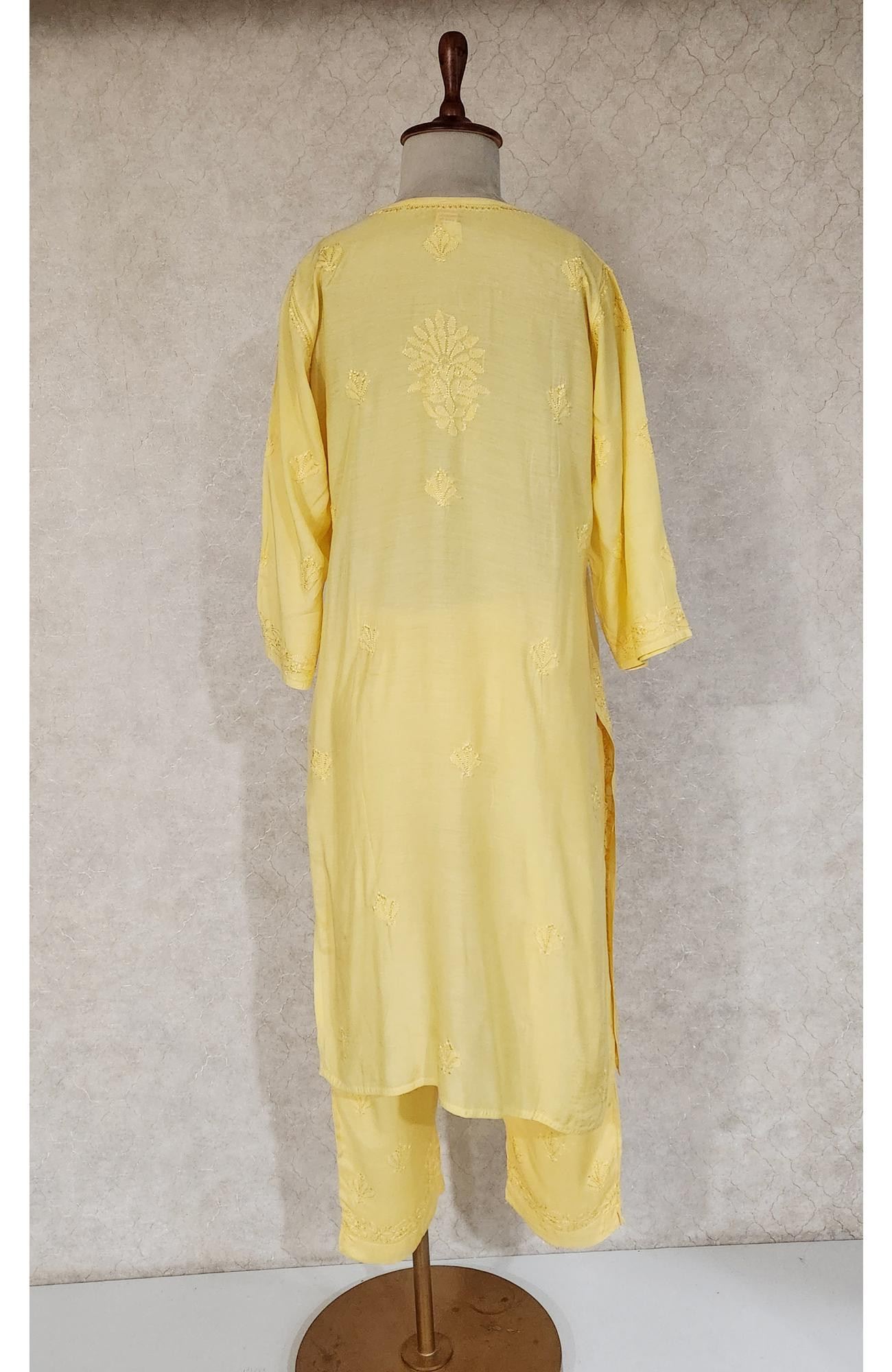 Yellow Muslin Chikankari Kurta, Dupatta & Pant Set
