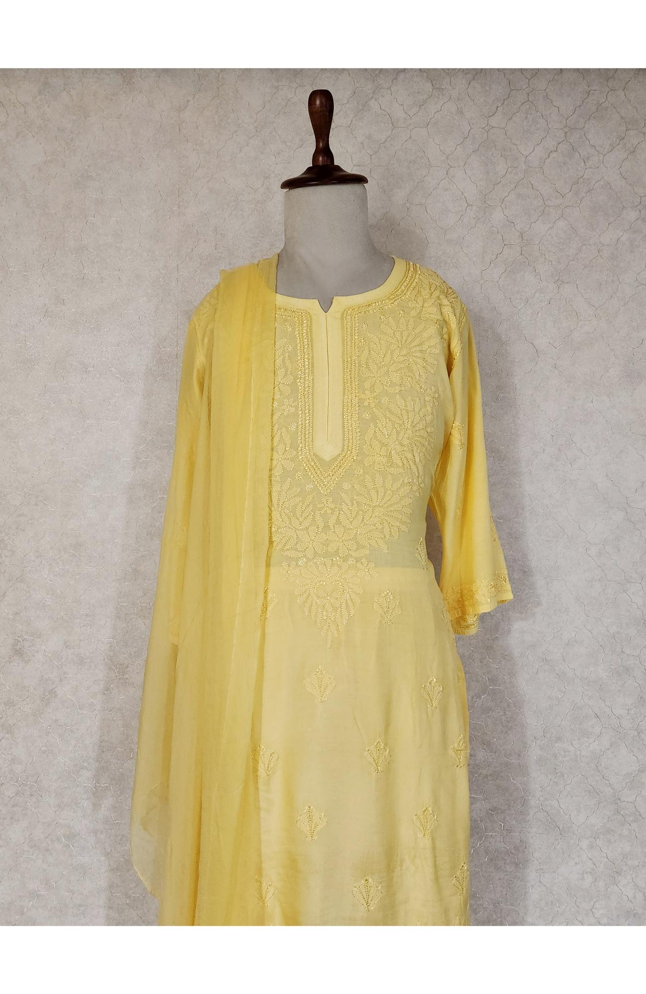Yellow Muslin Chikankari Kurta, Dupatta & Pant Set