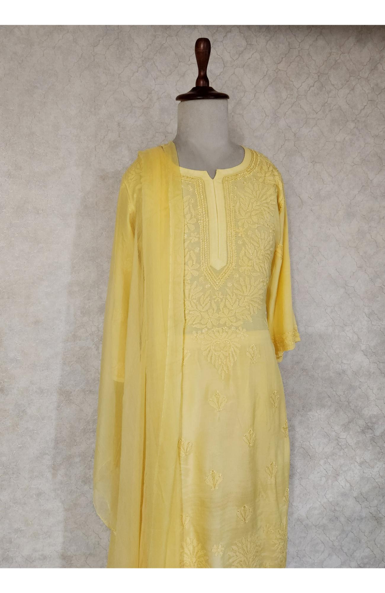 Yellow Muslin Chikankari Kurta, Dupatta & Pant Set