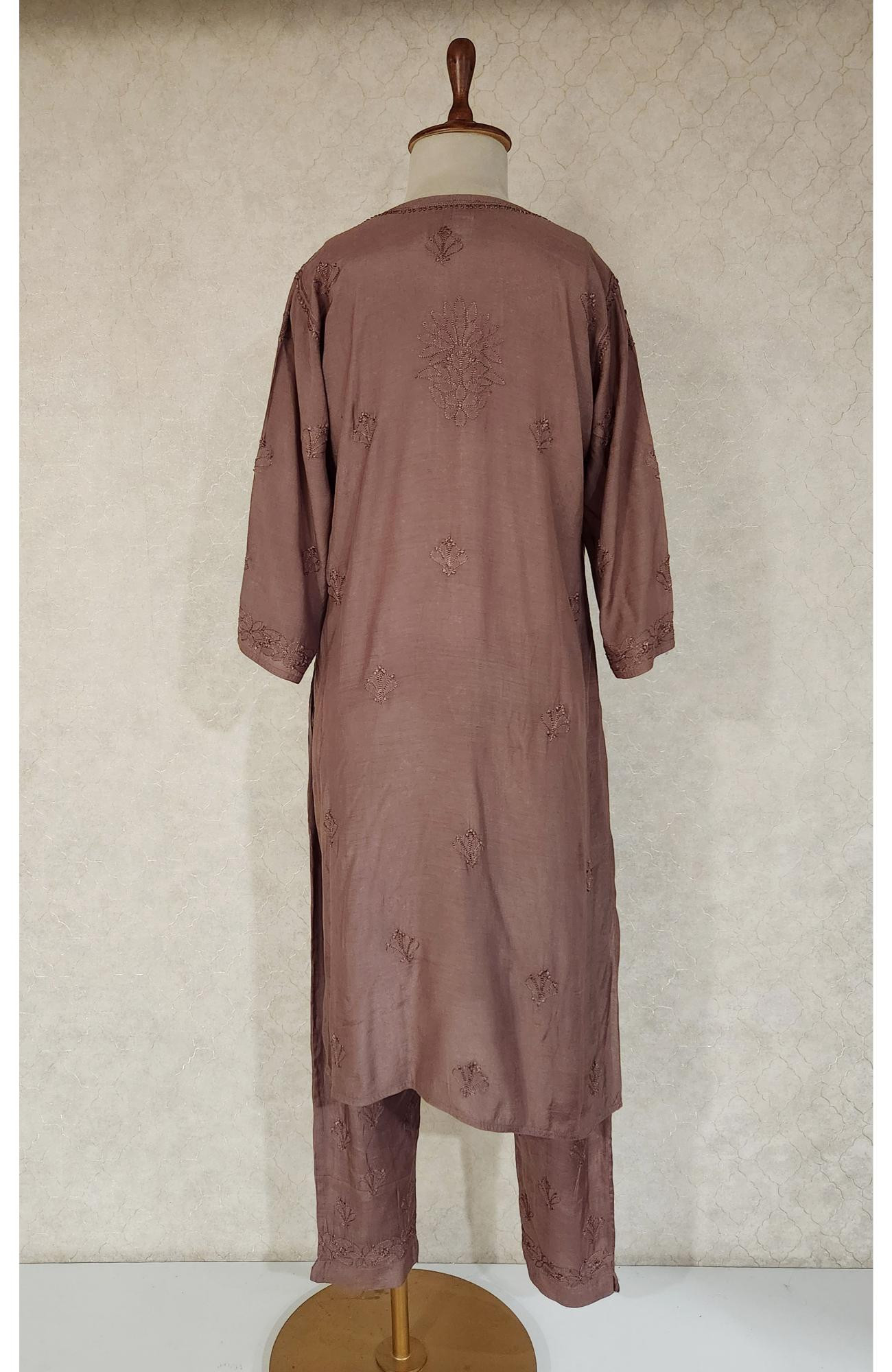 Chocolate Brown Muslin Chikankari Kurta, Dupatta & Pant Set