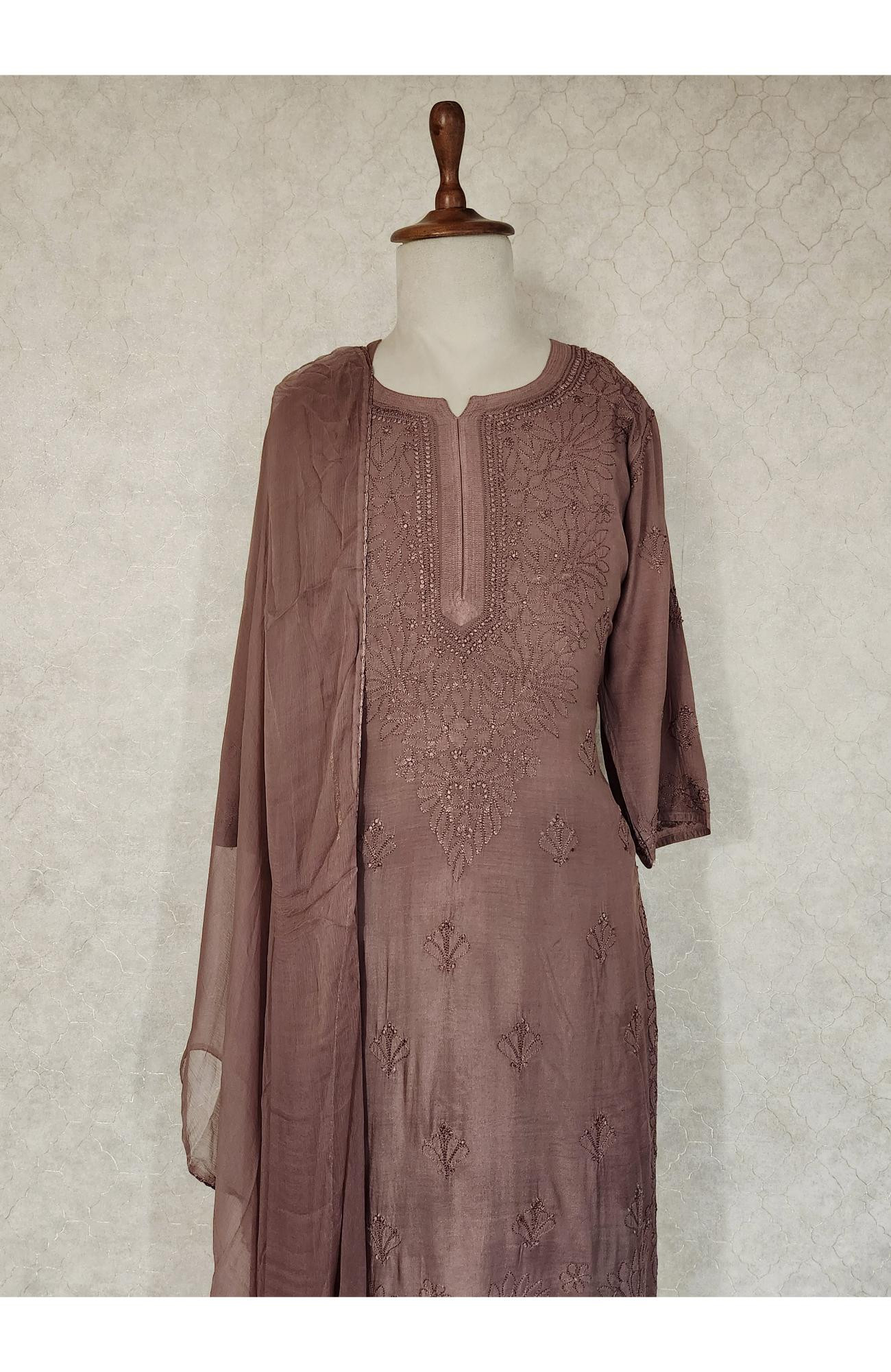 Chocolate Brown Muslin Chikankari Kurta, Dupatta & Pant Set