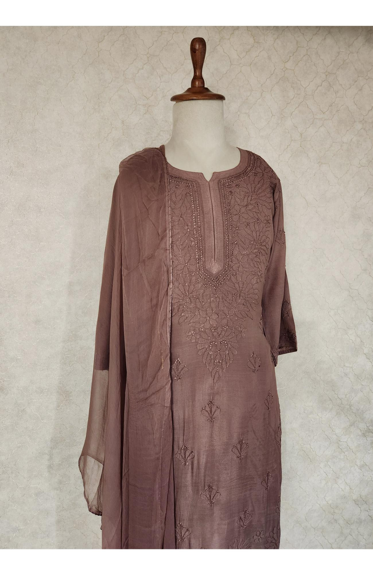 Chocolate Brown Muslin Chikankari Kurta, Dupatta & Pant Set